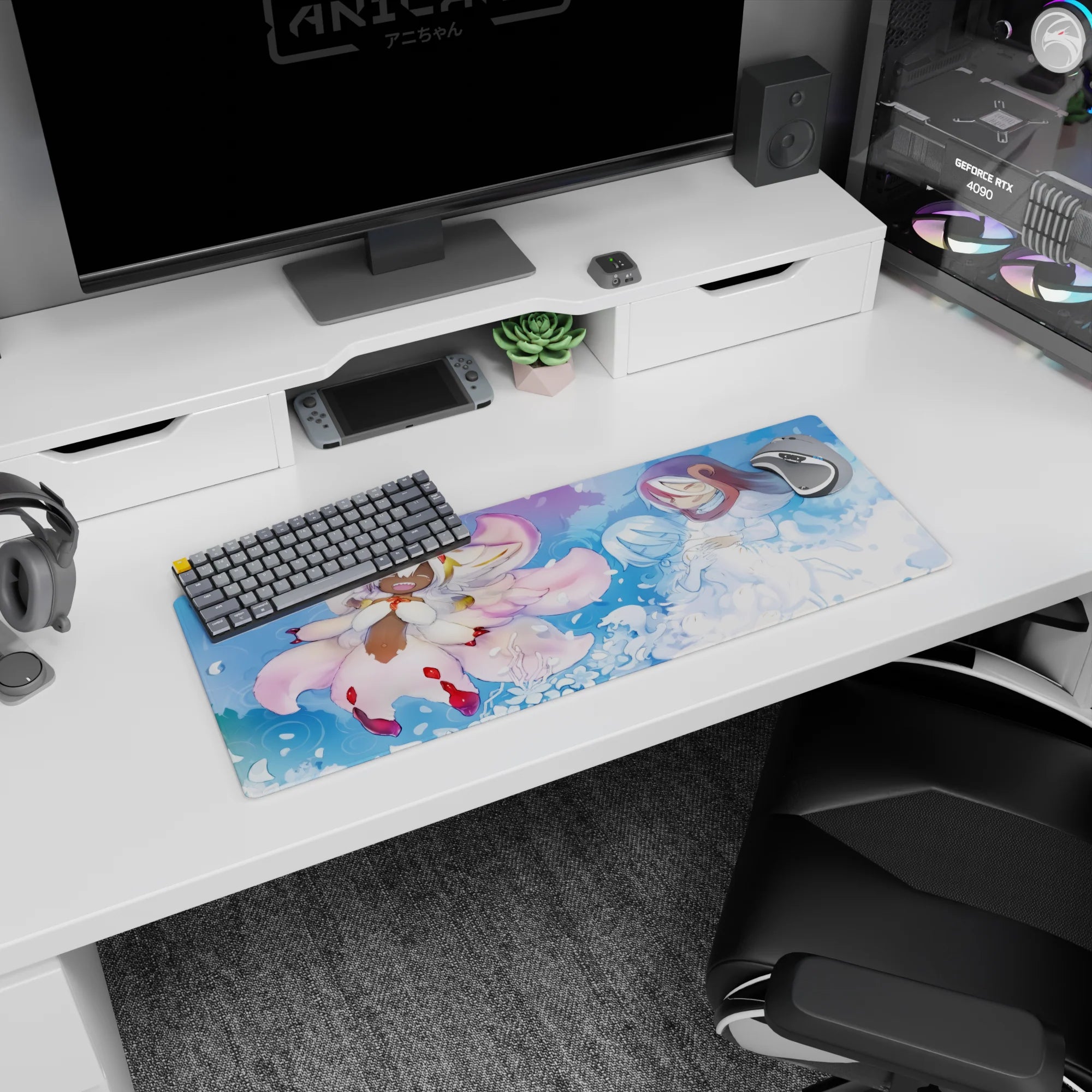 32x12 inches anime mouse pad showing hooded figure holding blue-haired companion beside fox-like spirit.