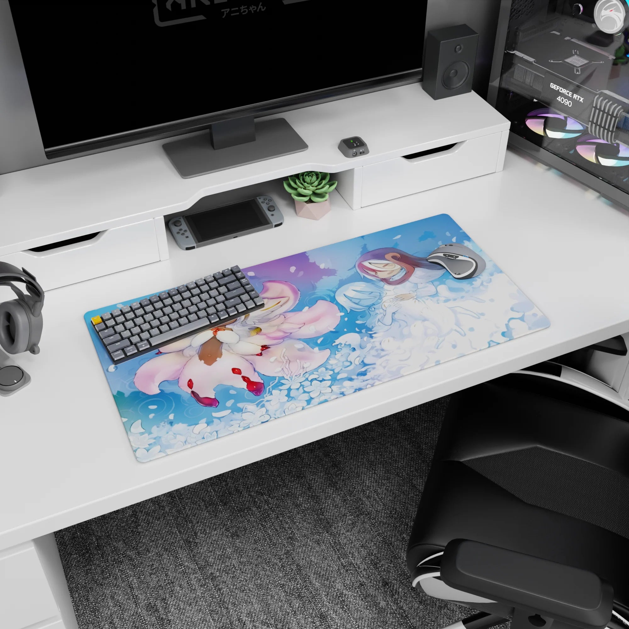 32x16 inches anime mouse pad showing hooded figure cradling pale blue-haired companion beside fluffy fox spirit.