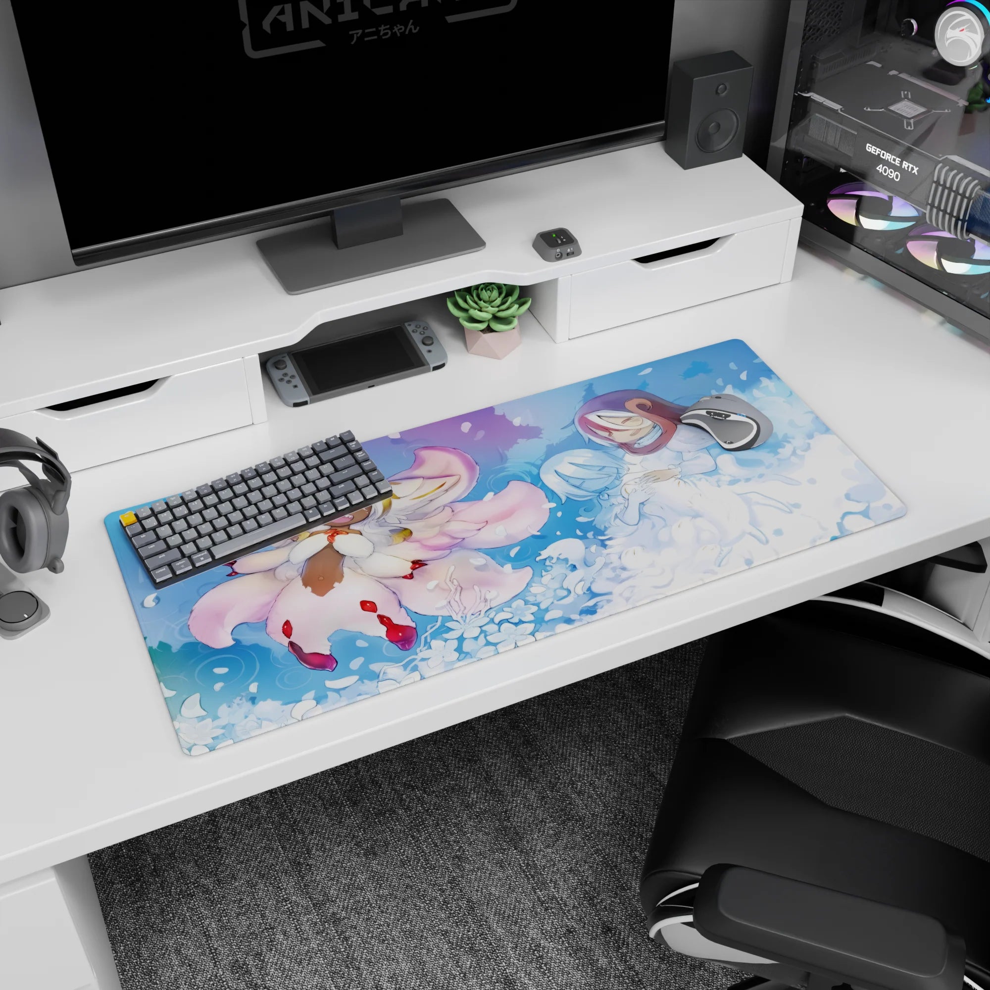 36x16 inches anime desk pad showing a hooded figure cradling pale blue-haired companion beside plush fox spirit.