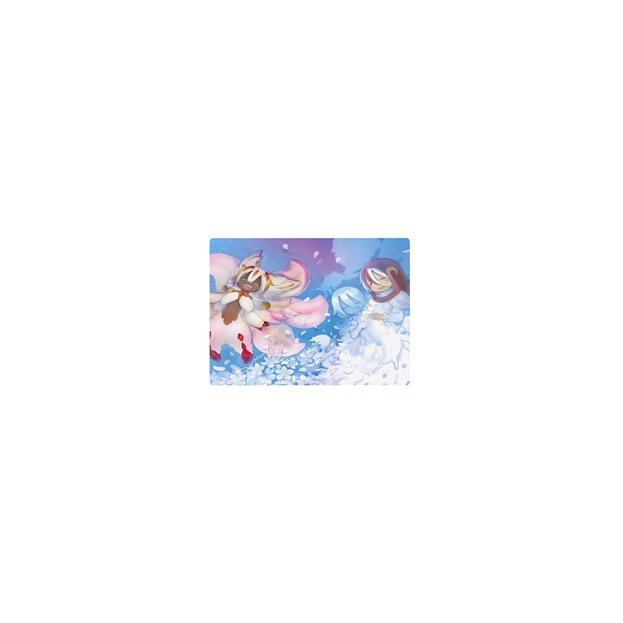Classic anime mouse pad 14x10 inches with fox spirit and hooded duo amid swirling petals and waves.
