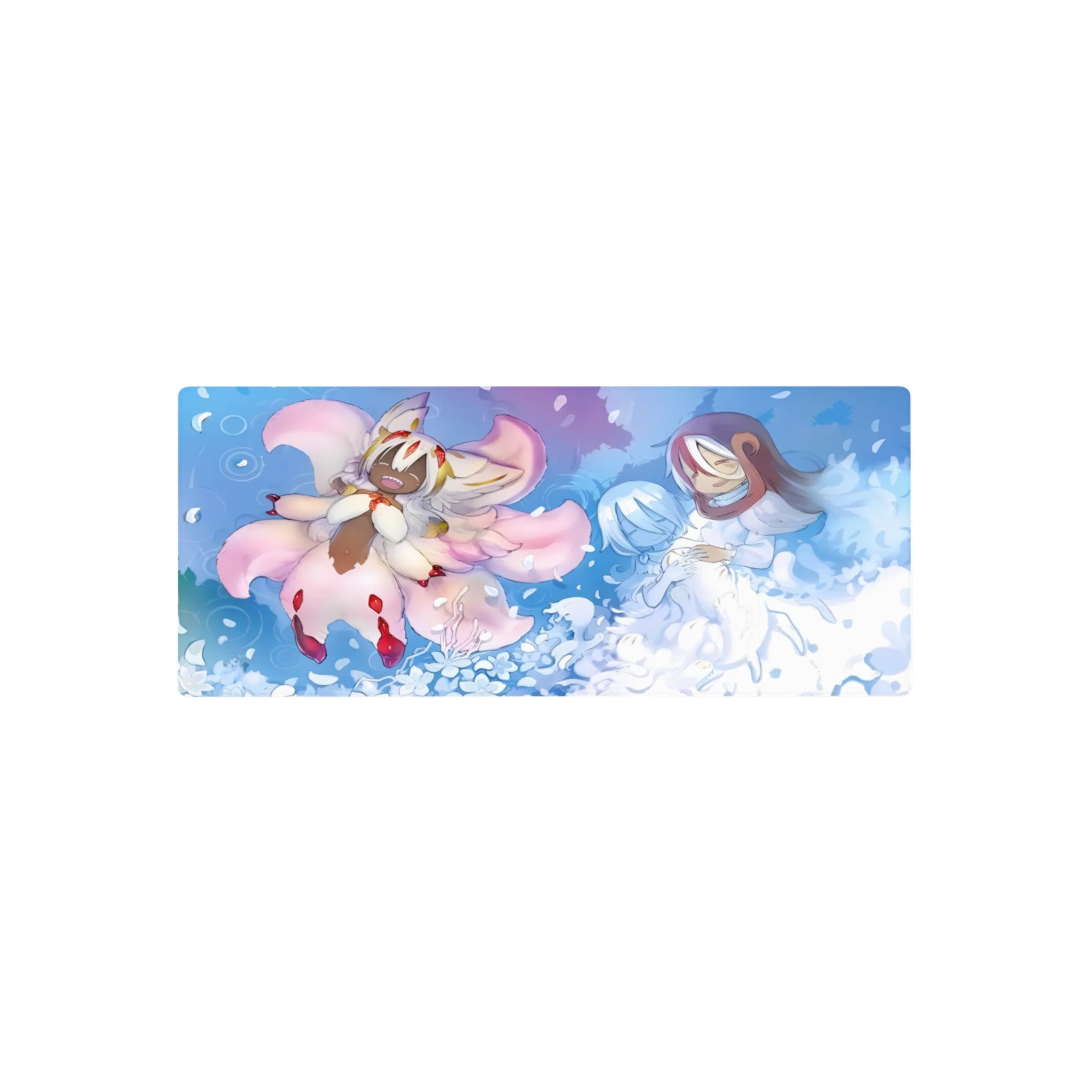 28x12 inches anime mouse pad with fox-like spirit and hooded couple in a dreamy blue petal scene.