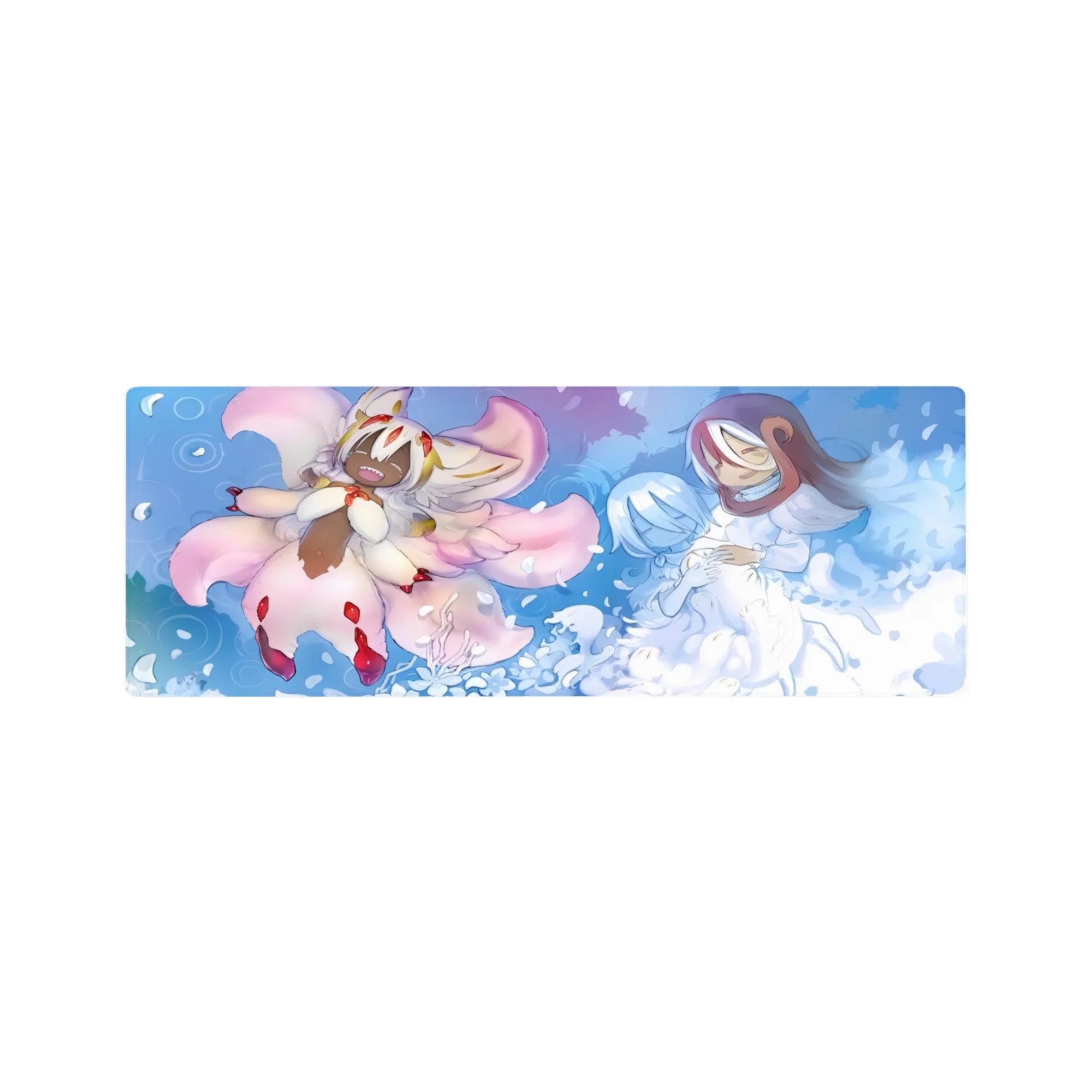 32x12 inches anime mouse pad with swirling petals, soft waves, fox spirit and hooded protector duo.