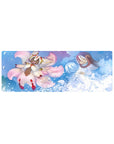 32x12 inches anime mouse pad with swirling petals, soft waves, fox spirit and hooded protector duo.