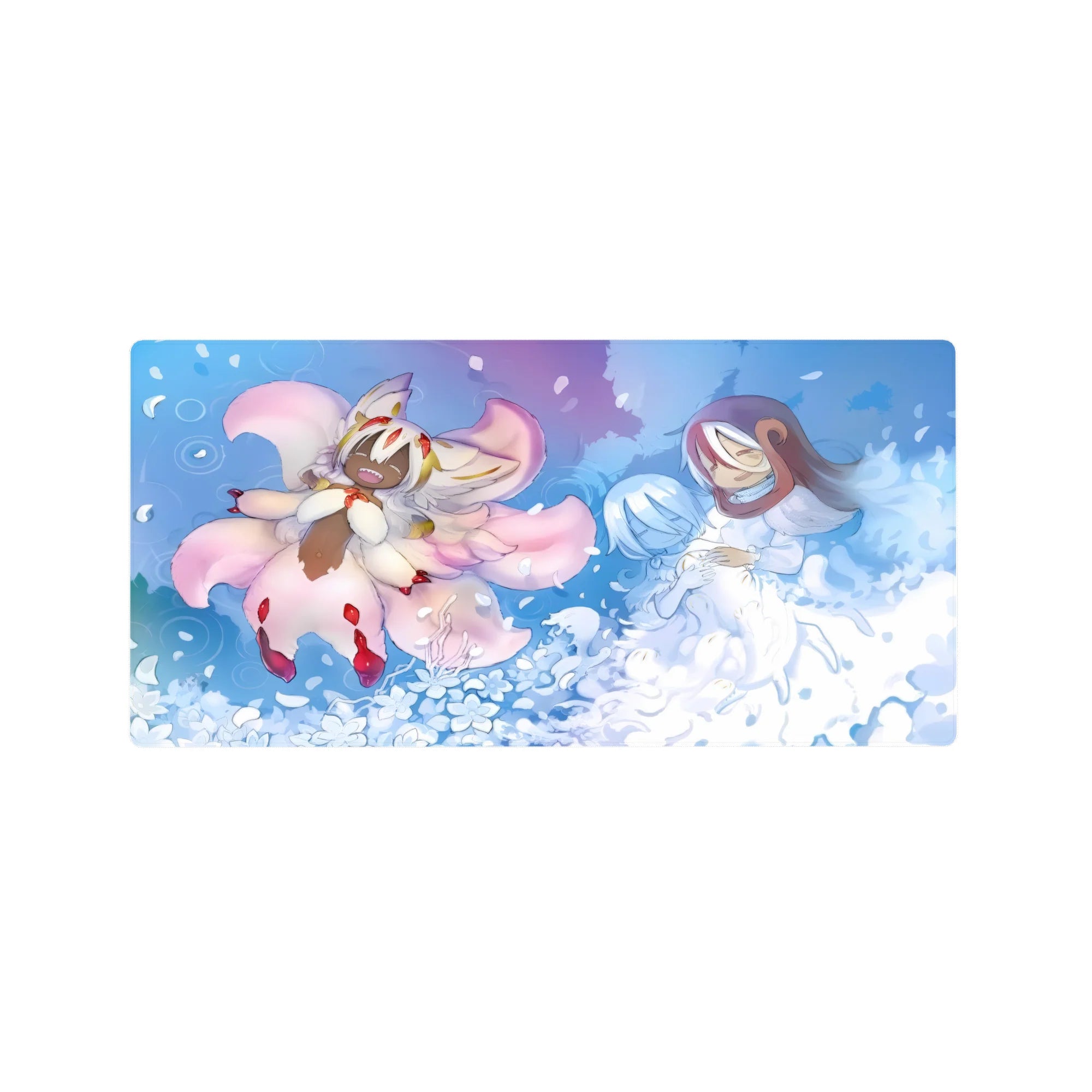 32x16 inches anime mouse pad with dreamy blue petals, fox-like spirit and hooded pair in soft waves.