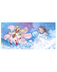 32x16 inches anime mouse pad with dreamy blue petals, fox-like spirit and hooded pair in soft waves.