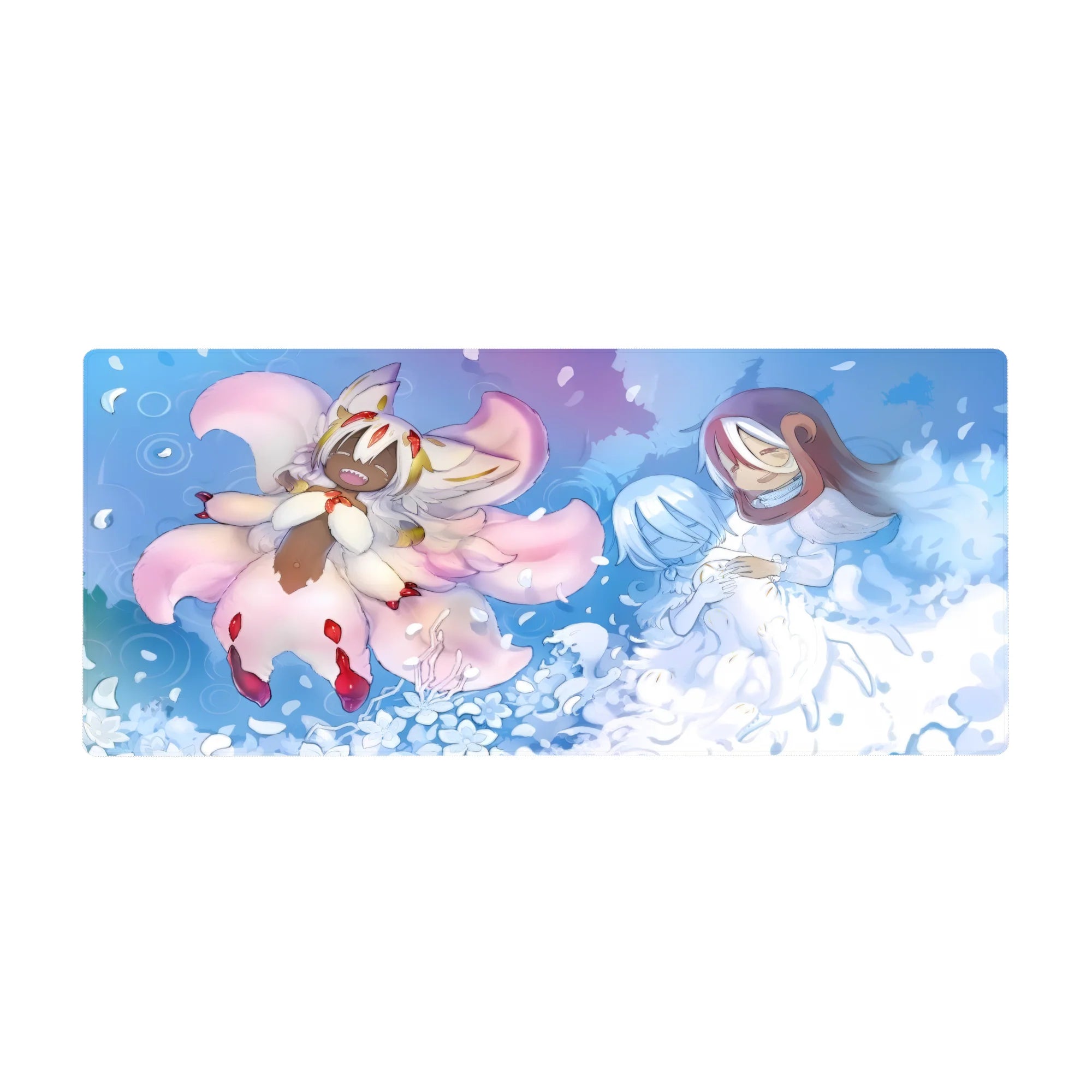 36x16 inches anime desk pad with blue petals, fox-like spirit, and hooded protector scene, vivid print.