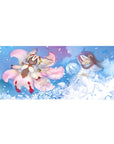 36x16 inches anime desk pad with blue petals, fox-like spirit, and hooded protector scene, vivid print.