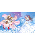Anime desk pad 40x20 inches with swirling petals, fox spirit, and hooded figure cuddling blue-haired girl.