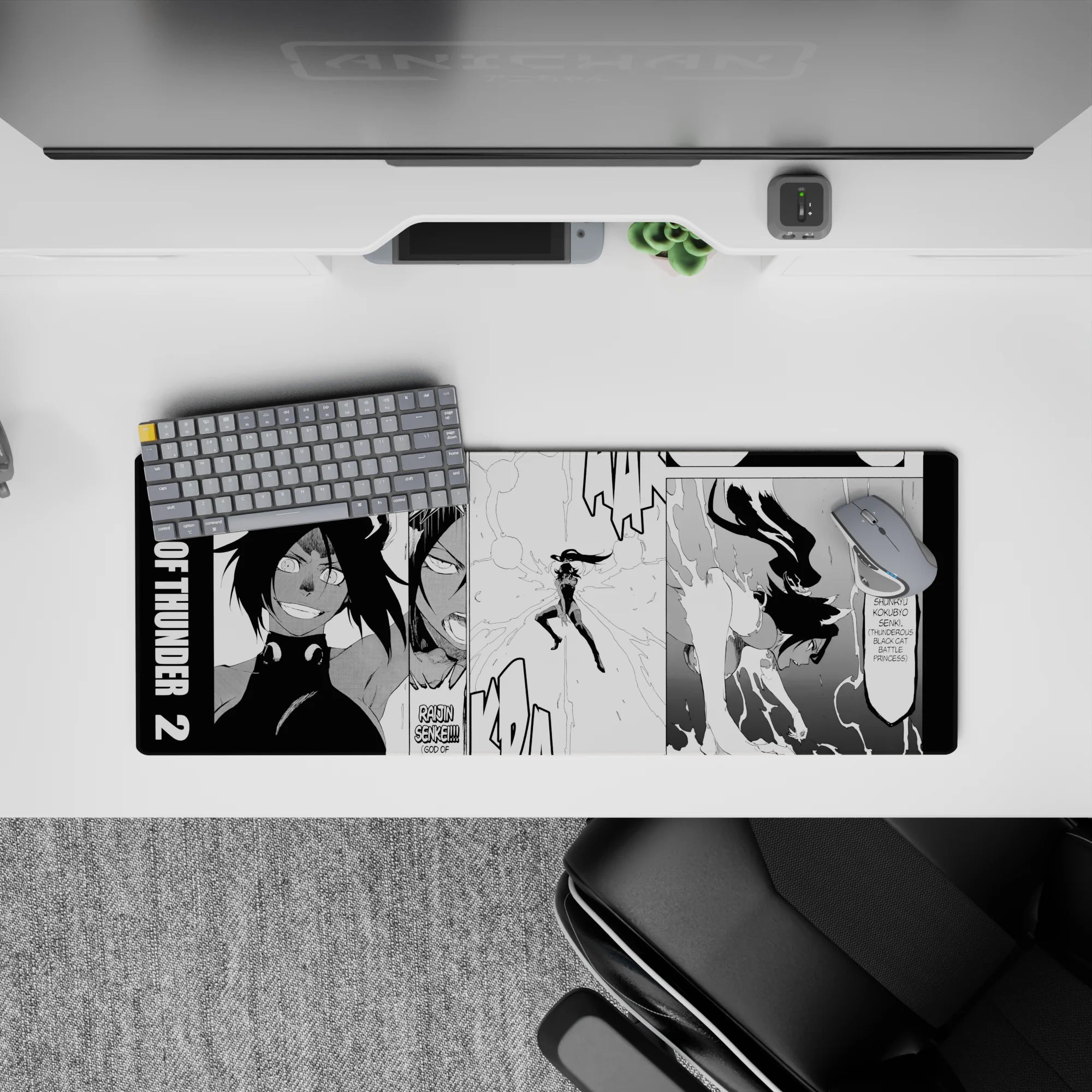 Bleach anime mouse pad 32x12 inches featuring Yoruichi Shihoin in Raijin Senkei form with dynamic manga panel design.