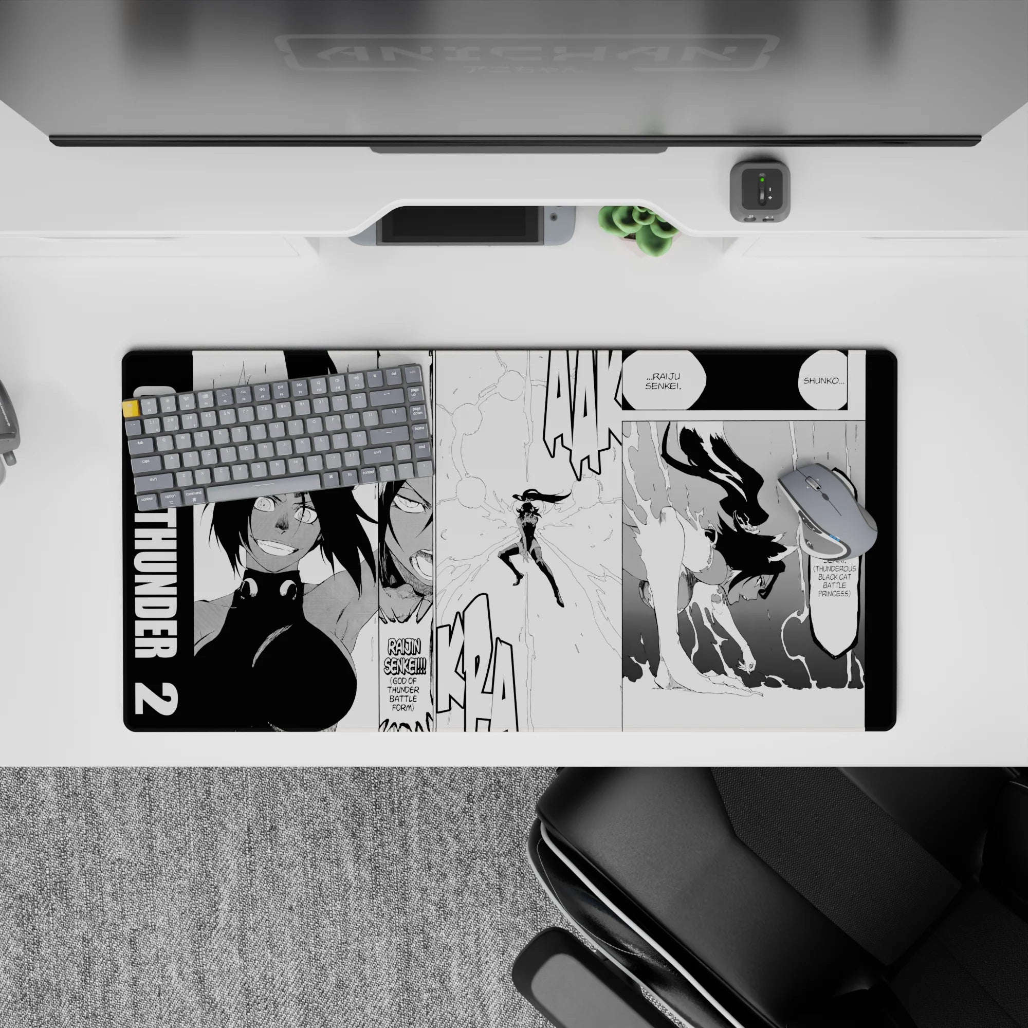 Anime mouse pad 32x16 inches featuring Bleach's Yoruichi Shihoin in Raijin Senkei form, dynamic manga panel layout.