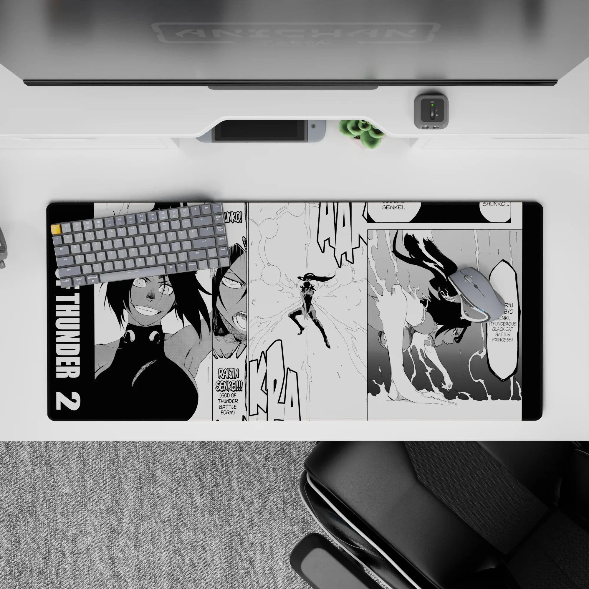 Anime mouse pad 36x16 inches featuring Bleach's Yoruichi Shihoin in Raijin Senkei form, dynamic manga panel design.