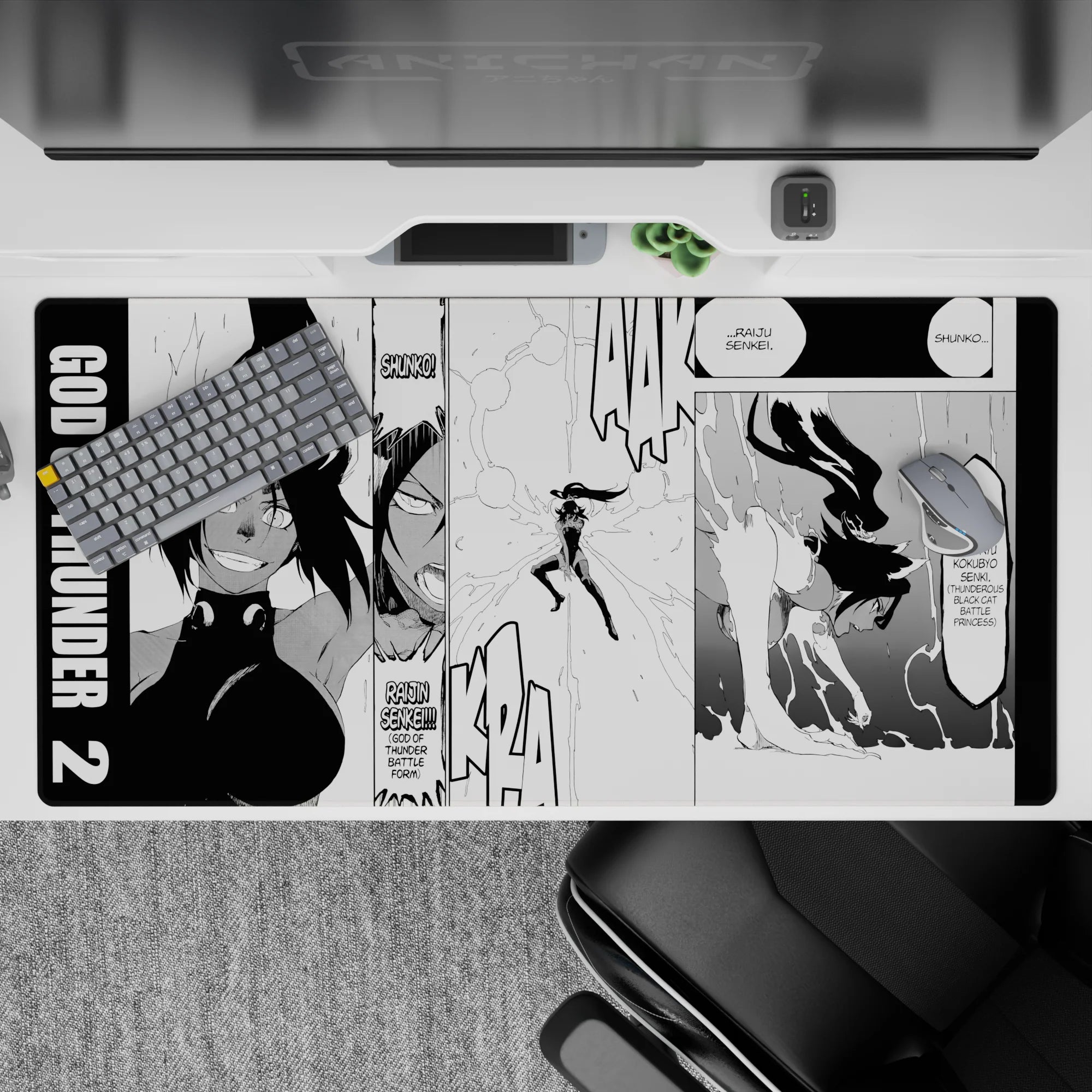 Anime desk pad 40x20 inches featuring Yoruichi Shihoin from Bleach in Raijin Senkei form, dynamic manga panel layout.