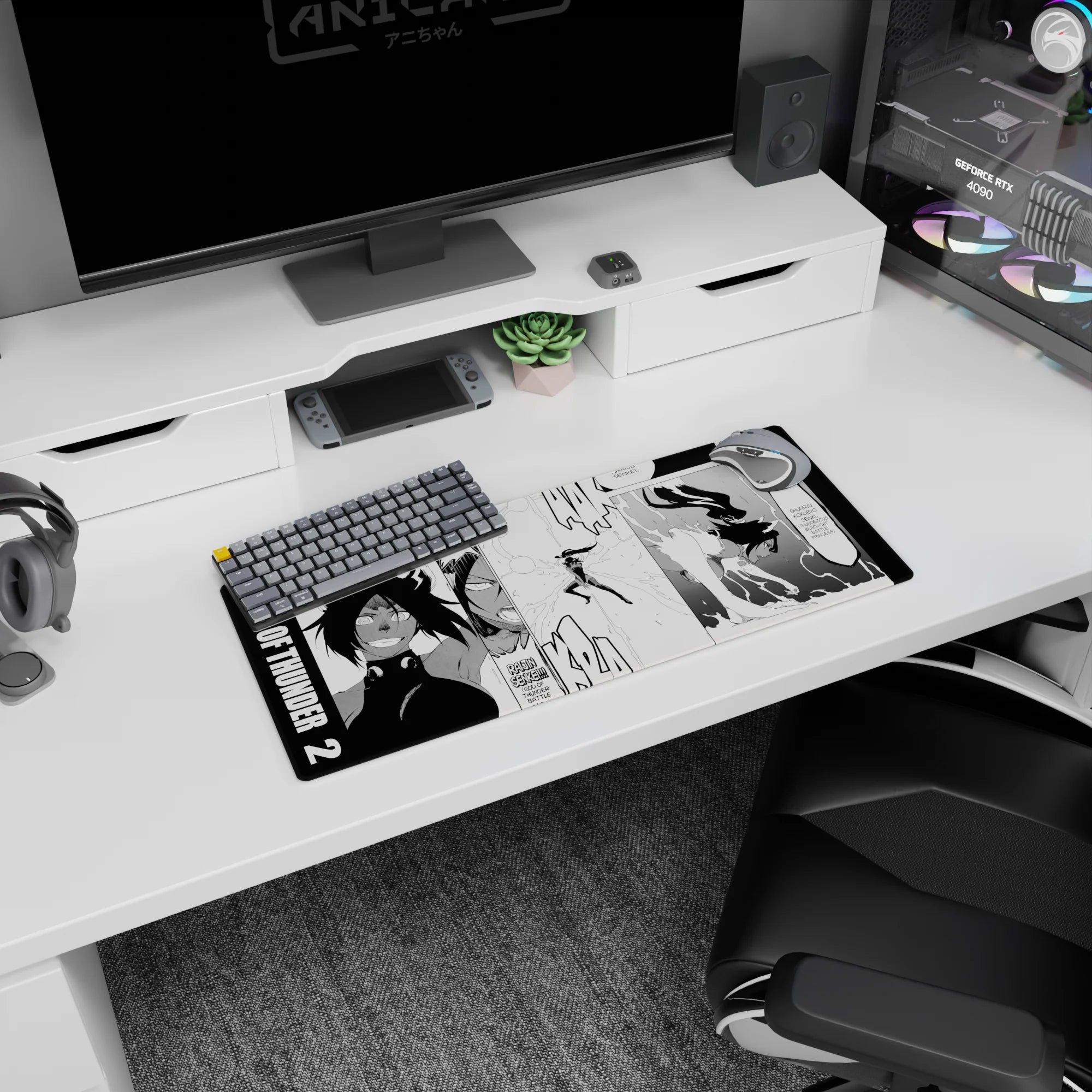 Anime mouse pad 28x12 inches featuring Yoruichi Shihoin from Bleach in Raijin Senkei form, vibrant action and energy.