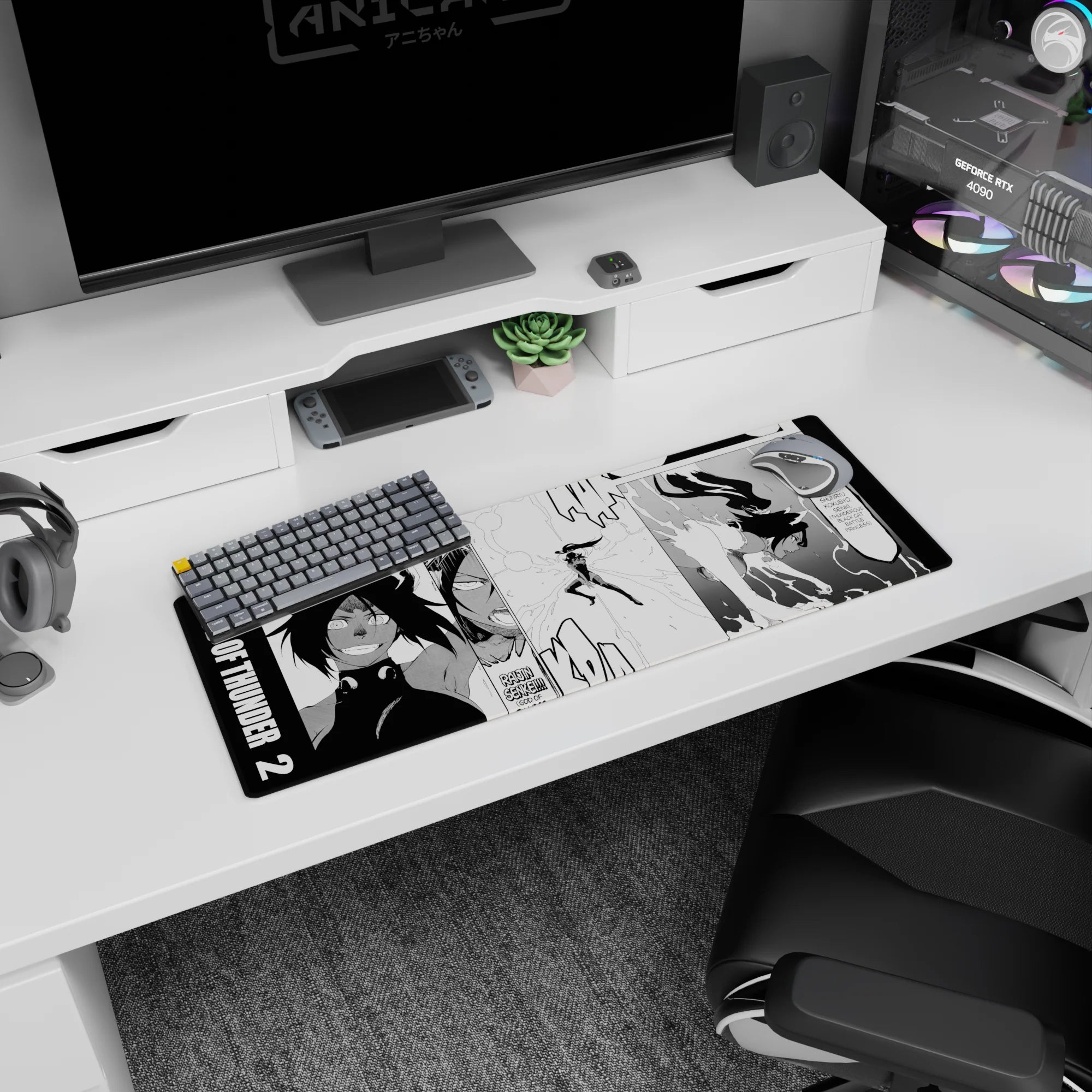 Bleach anime mouse pad 32x12 inches featuring Yoruichi Shihoin in Raijin Senkei form with dynamic manga panel layout.