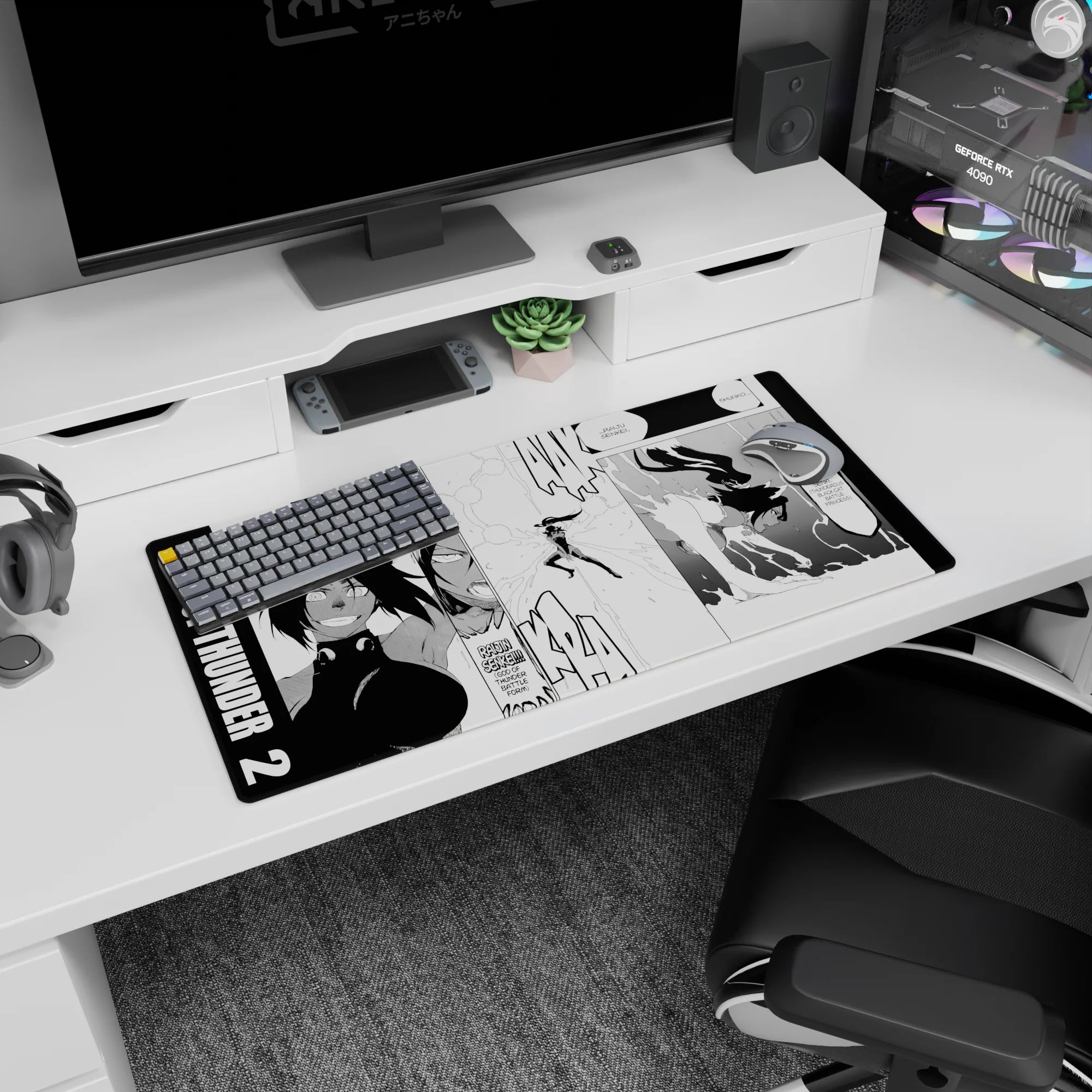 Yoruichi Shihoin in Raijin Senkei form on 32x16 inch anime mouse pad from Bleach, showcasing dynamic manga panel art.