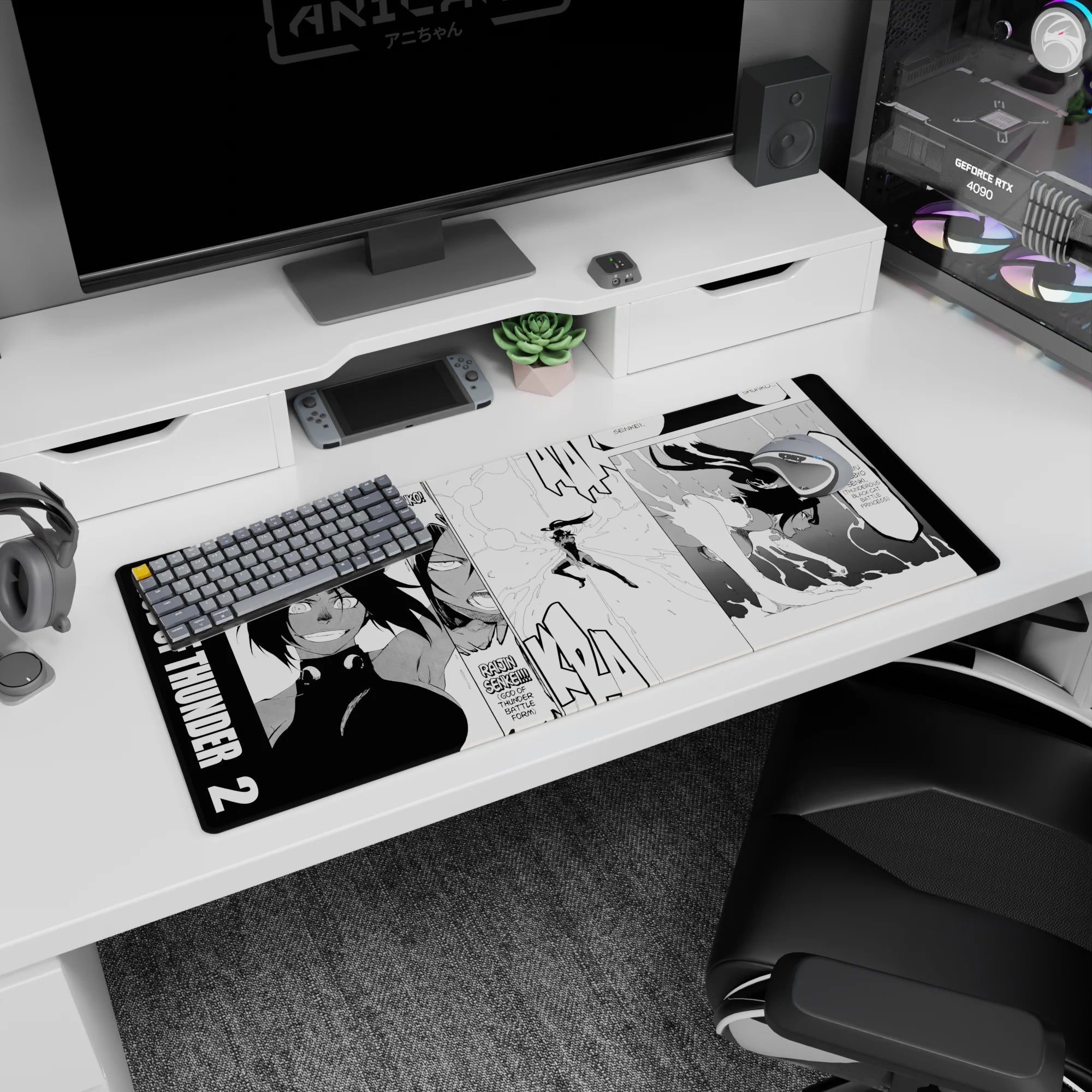 Anime desk pad 36x16 inches featuring Bleach's Yoruichi Shihoin in Raijin Senkei form, showcasing dynamic manga art.