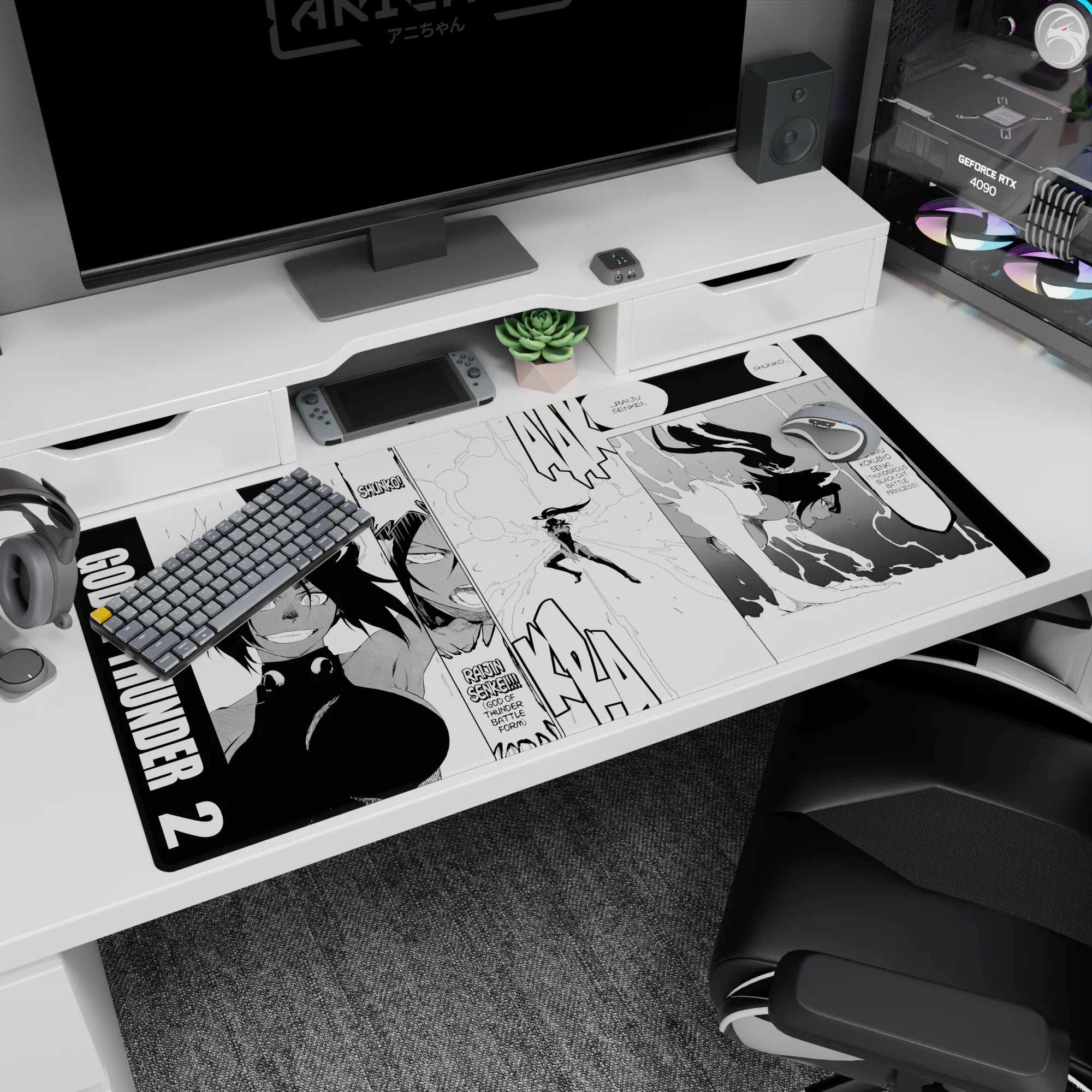 Anime mouse pad 40x20 inches featuring Bleach's Yoruichi Shihoin in Raijin Senkei form with manga panel layout and dynamic energy.