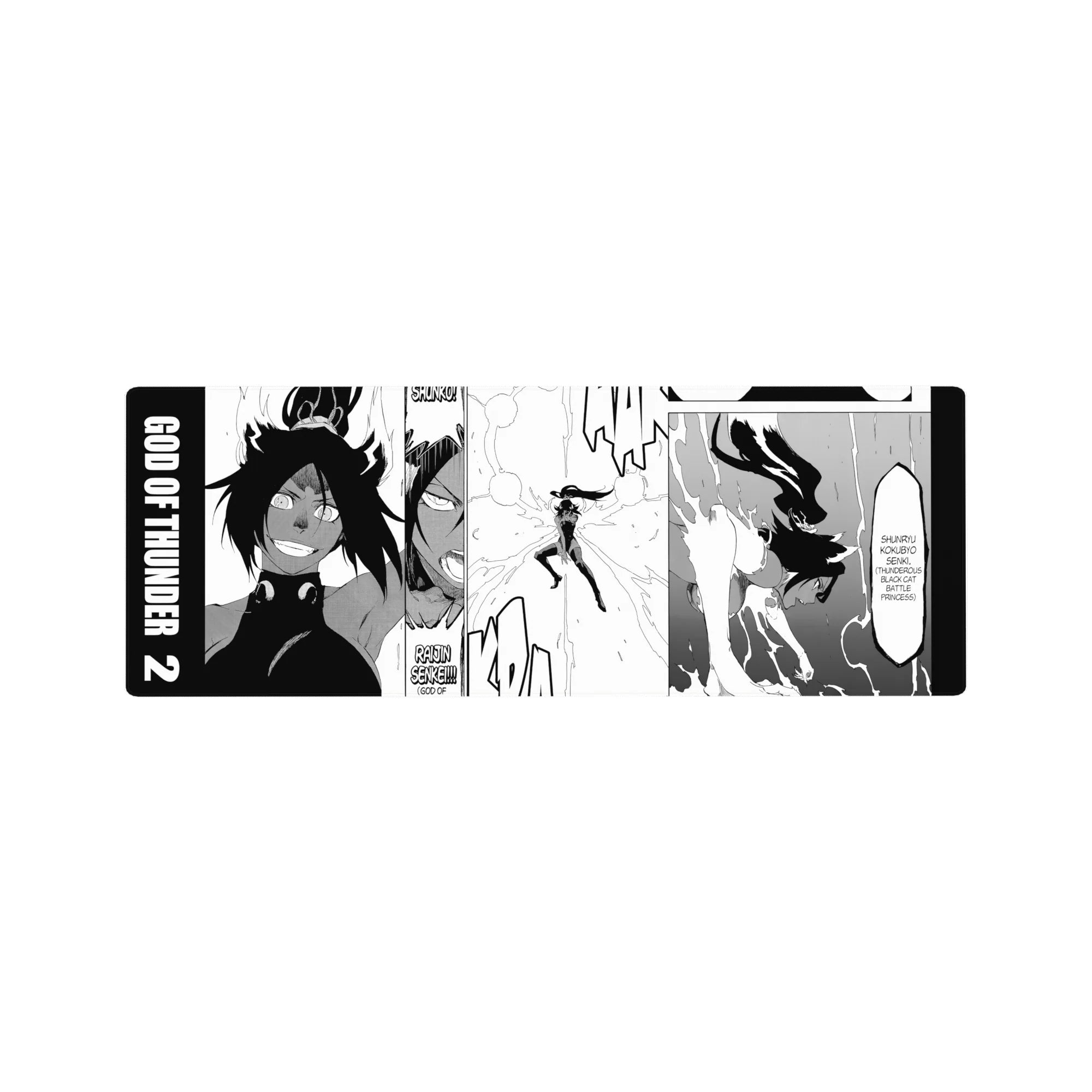 Anime mouse pad 32x12 inches featuring Yoruichi Shihoin from Bleach in Raijin Senkei form, showcasing dynamic energy.