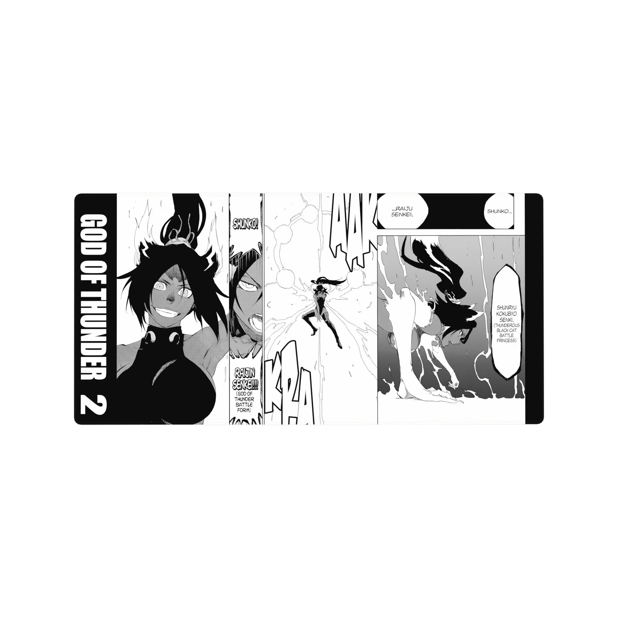 Anime mouse pad 32x16 inches featuring Yoruichi Shihoin from Bleach in Raijin Senkei form, dynamic manga panel design.