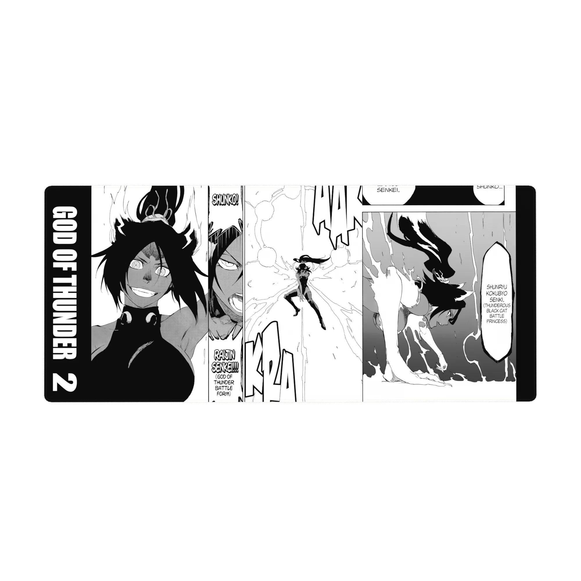 Anime desk pad 36x16 inches featuring Yoruichi Shihoin from Bleach in Raijin Senkei form, manga panel layout, dynamic energy.