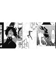 Anime desk pad 36x16 inches featuring Yoruichi Shihoin from Bleach in Raijin Senkei form, manga panel layout, dynamic energy.