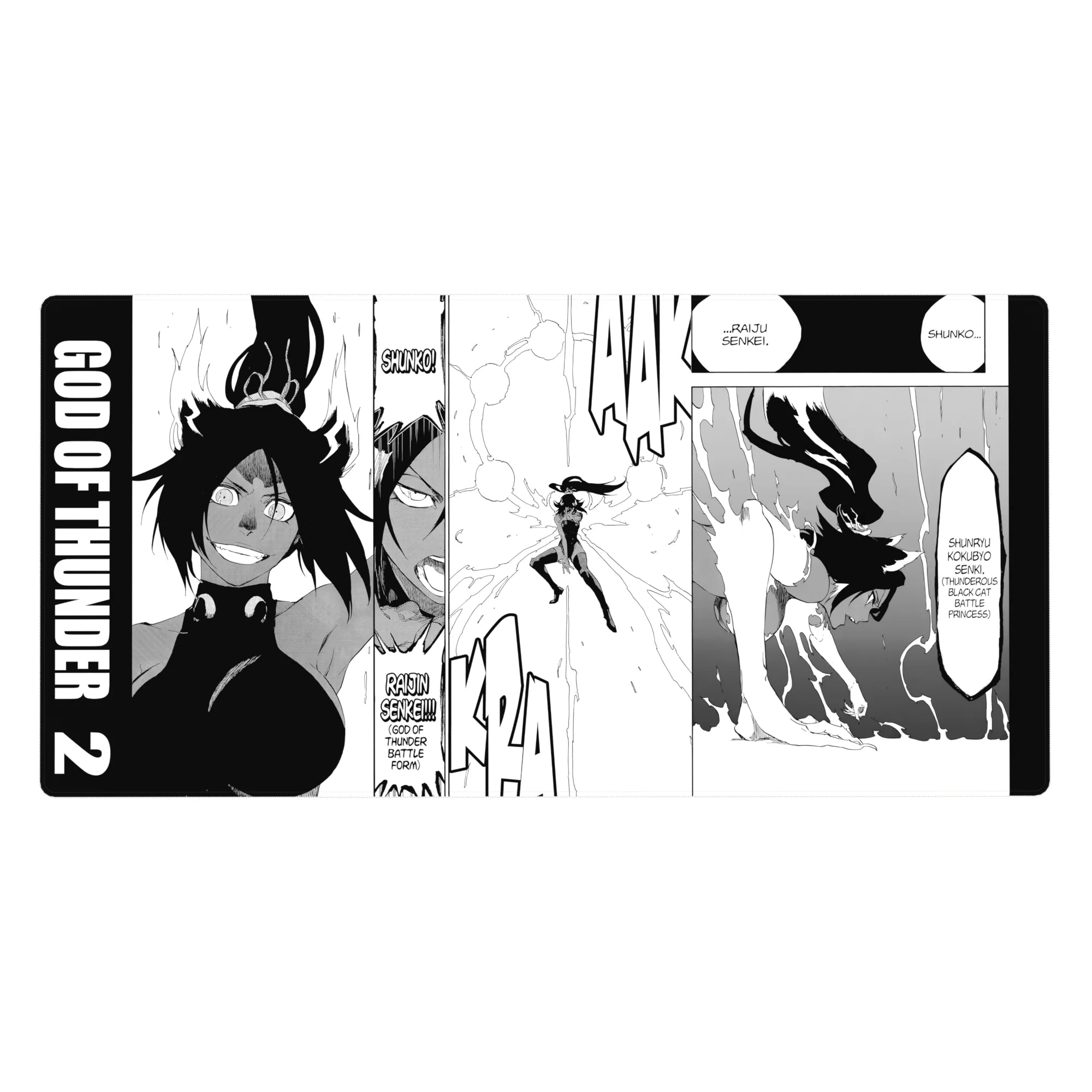 Anime mouse pad 40x20 inches featuring Bleach's Yoruichi Shihoin in Raijin Senkei form with manga panel layout.