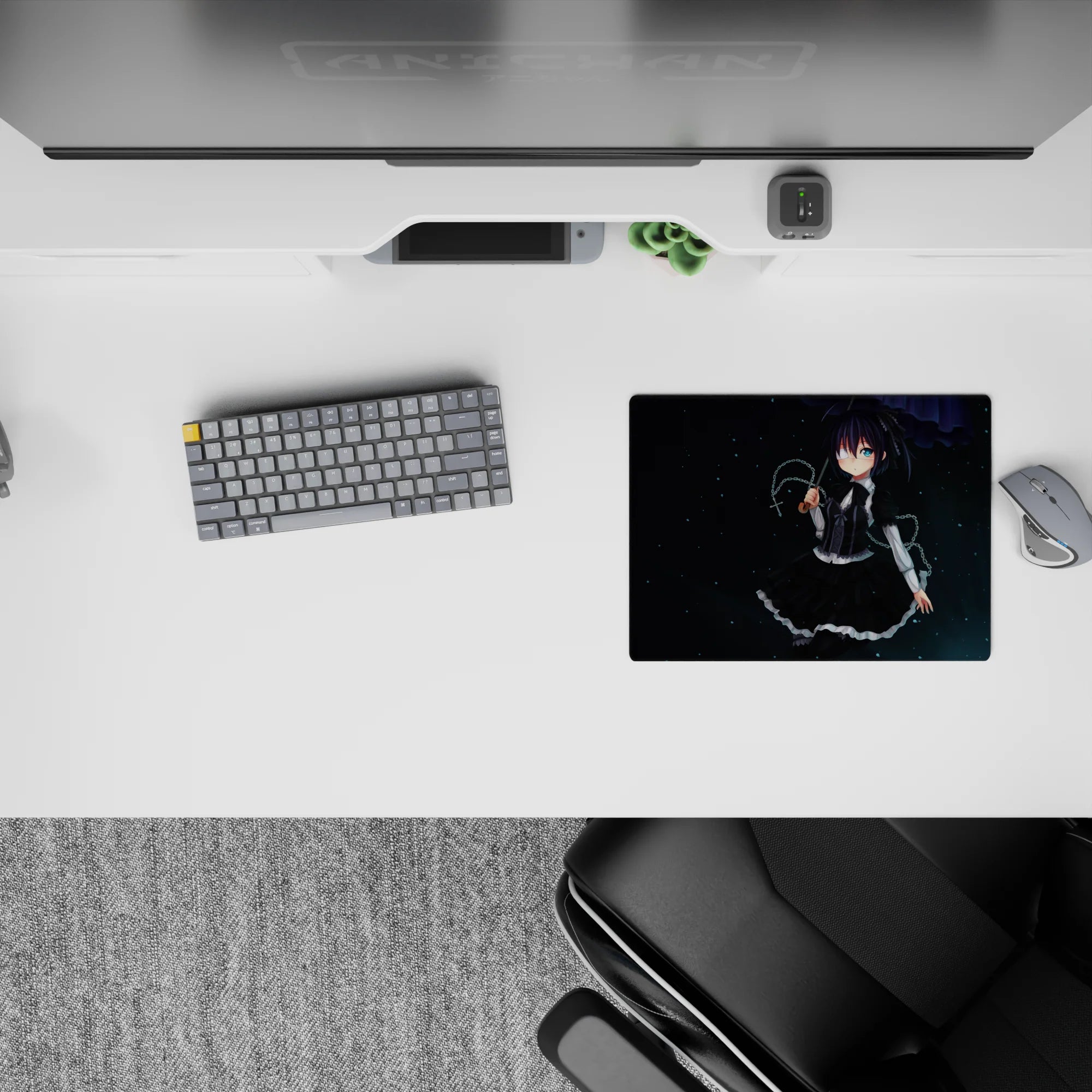 Deep navy starry night anime girl mouse pad 14x10 inches, calm gothic vibe with soft highlights and blue eye.