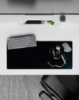 Deep navy starry night anime girl mouse pad 28x12 inches, blue eye glow, calm magical vibe.