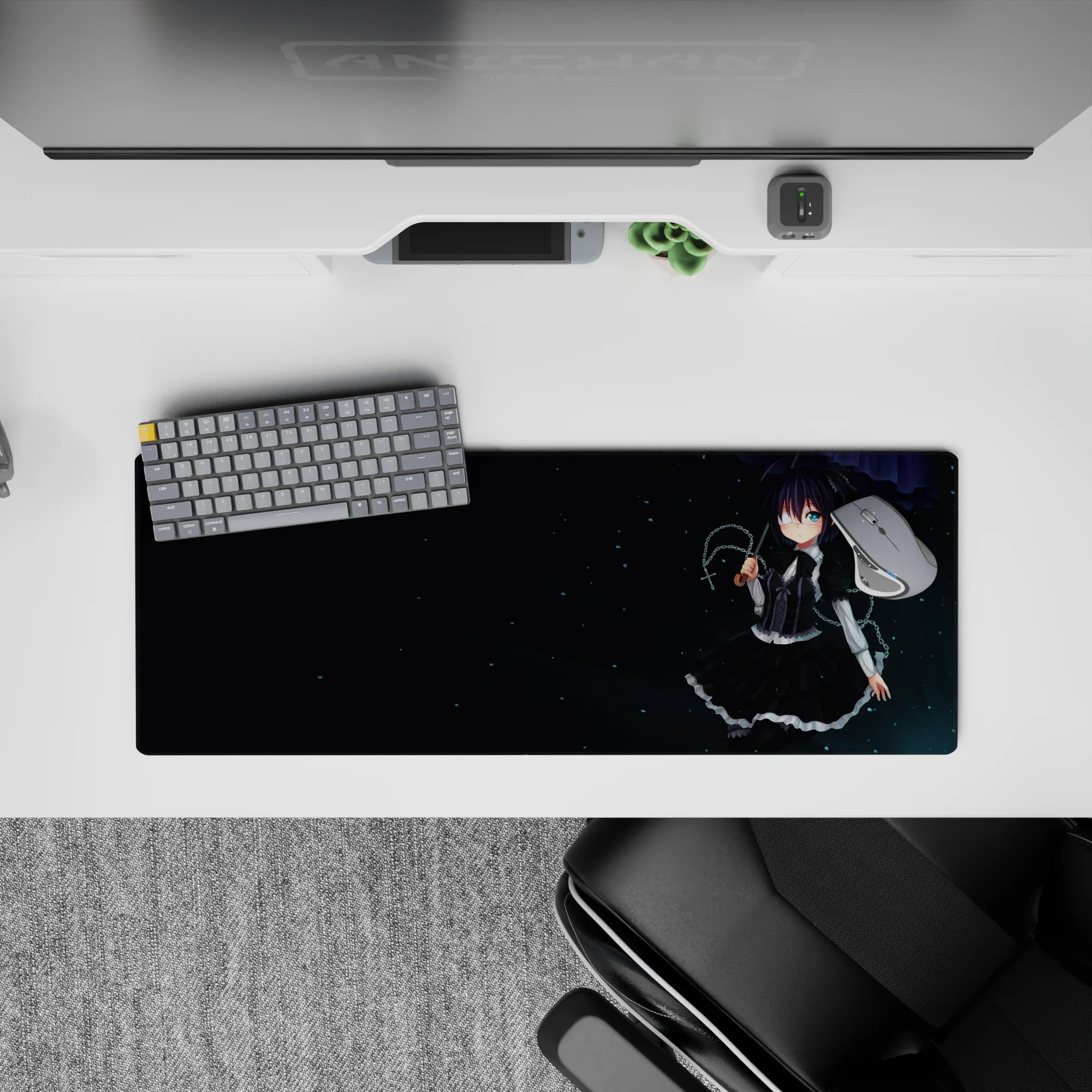 32x12 inches anime girl mouse pad in deep navy and soft highlights, calm midnight gothic vibe, cute and cozy.