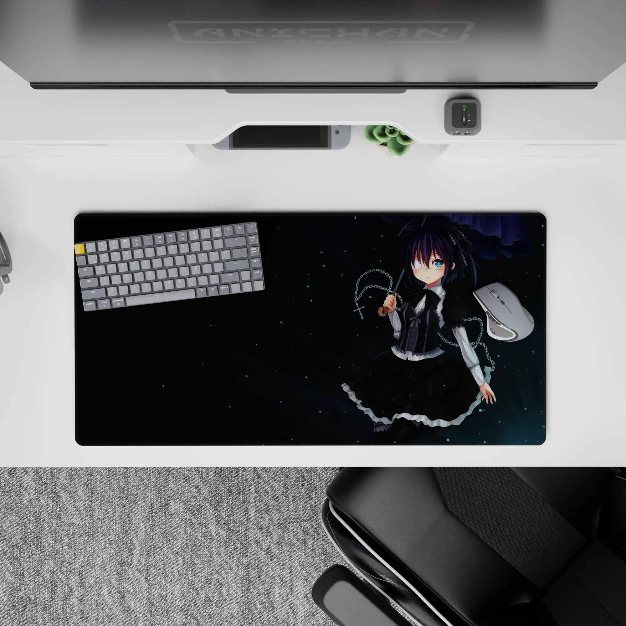 32x16 inches anime mouse pad in deep navy night tones, soft highlights, calm gothic-cute desk aesthetic.