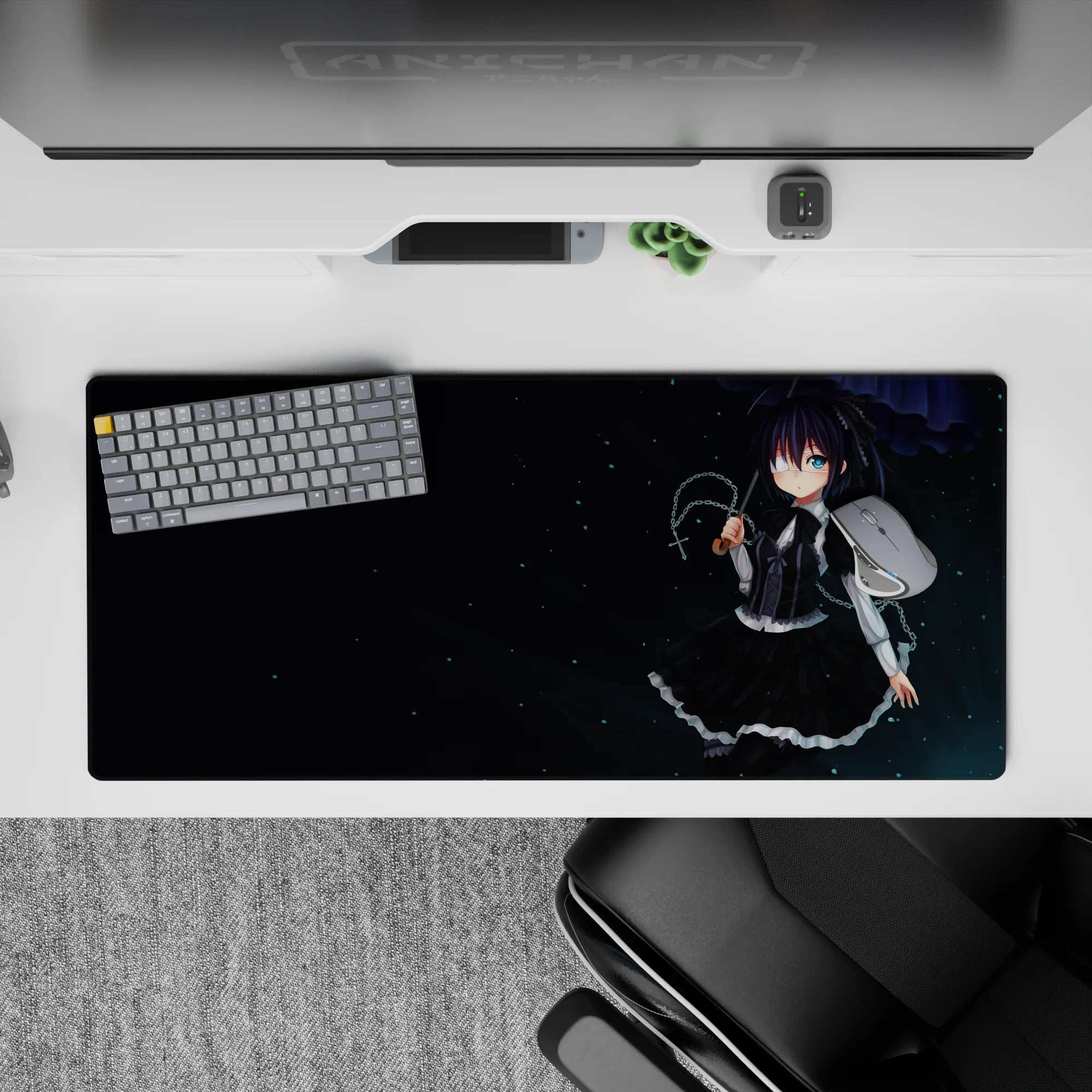 Deep navy starry night anime desk pad 36x16 inches, calm gothic vibe with soft highlights.