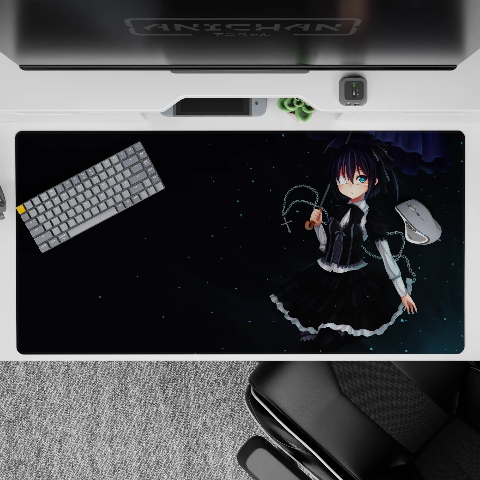40x20 inches desk pad in deep navy night tones with soft highlights, calm gothic cute anime vibe.