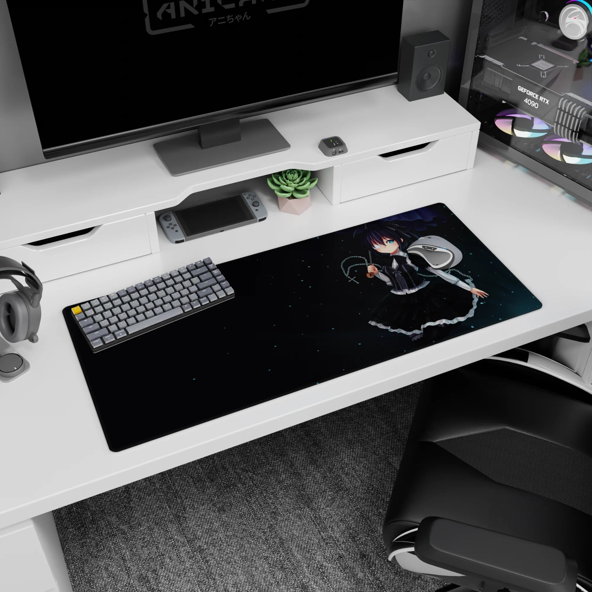 Eyepatch anime maid girl floating under stars on a 36x16 inches desk pad, blue eye peeking.