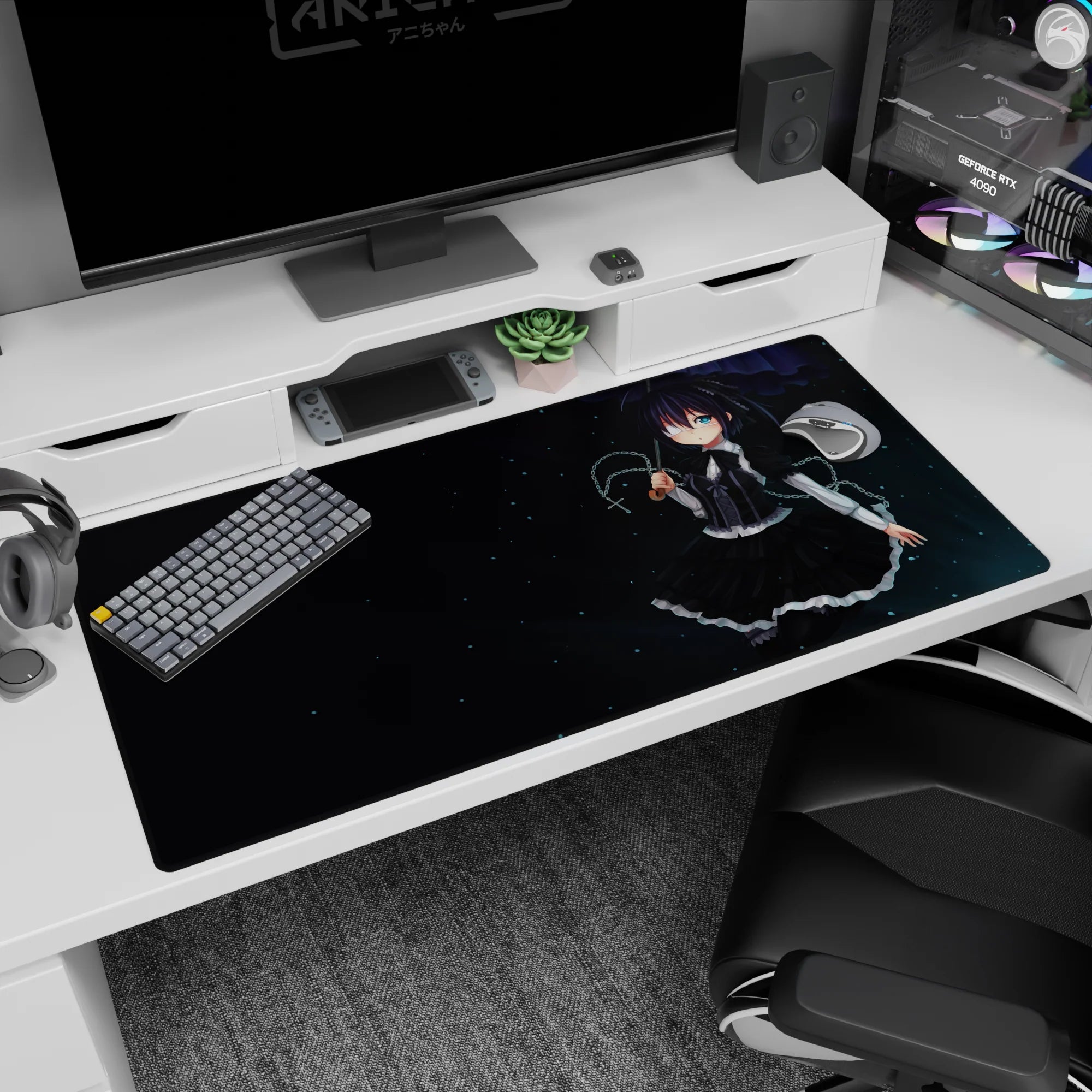 40x20 inches anime desk pad showing one blue-eyed girl with eyepatch, holding a silver chain in stars.