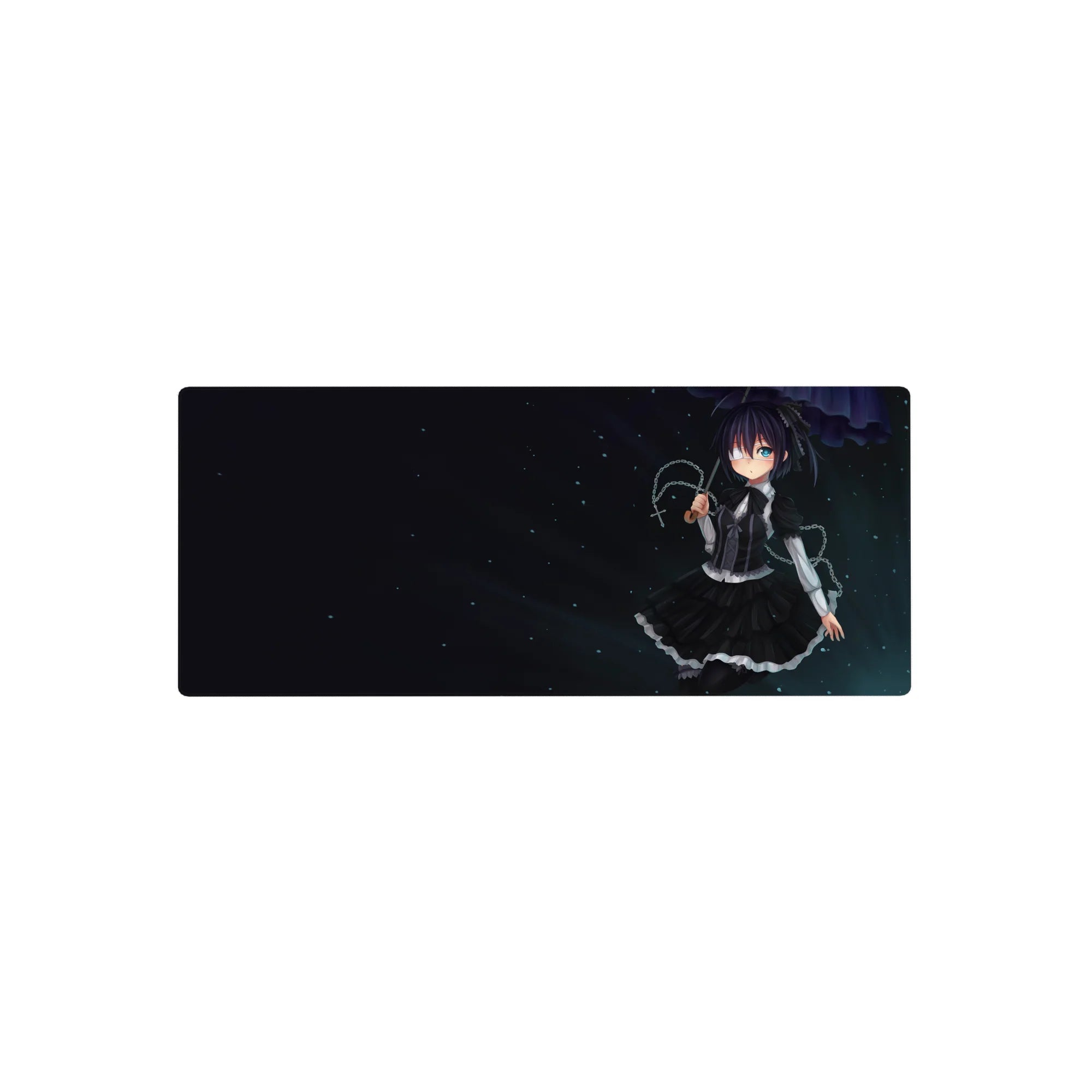 Midnight goth maid anime girl mouse pad 28x12 inches with eyepatch, ruffled dress, cross charm.