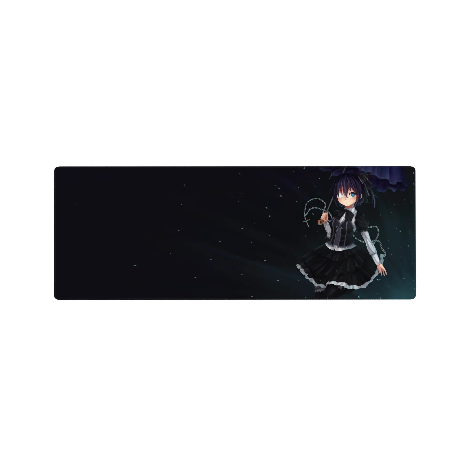 32x12 inches anime girl mouse pad with goth maid in ruffled black dress, eyepatch, cross charm, starry night.
