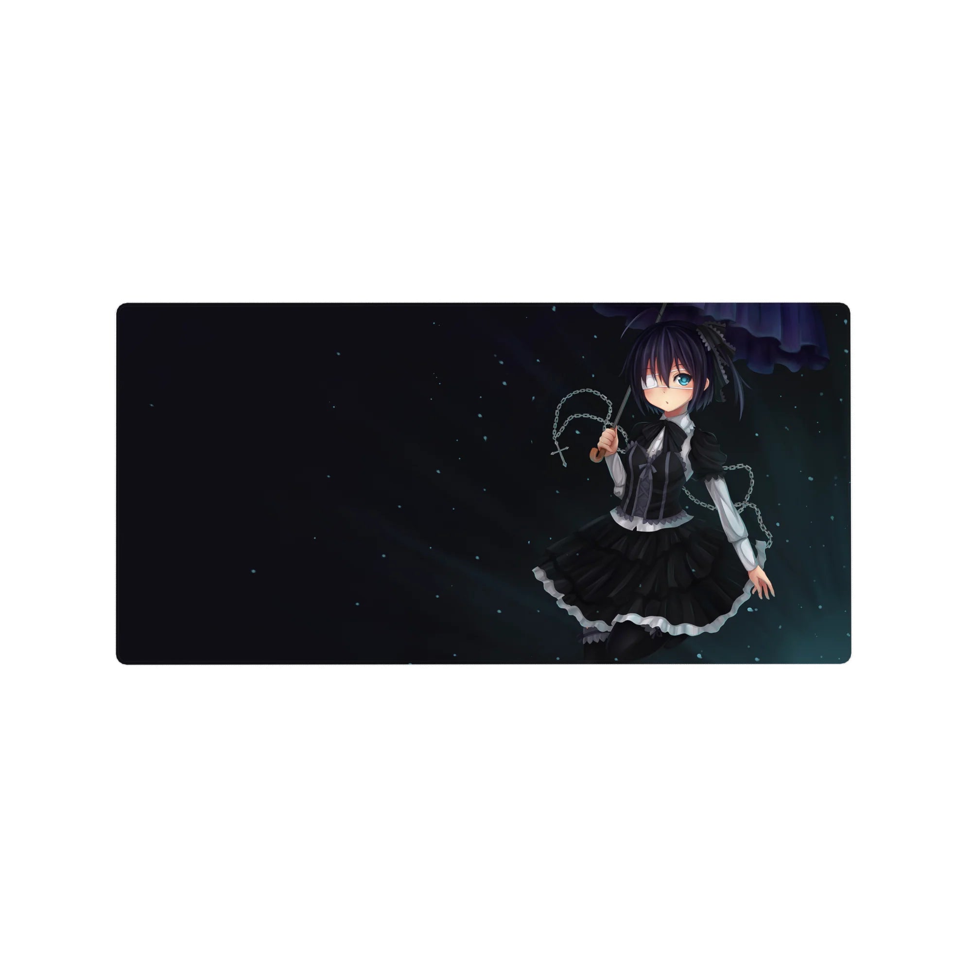32x16 inches anime girl mouse pad with goth maid in ruffled black dress, eyepatch, cross charm, starry sky.