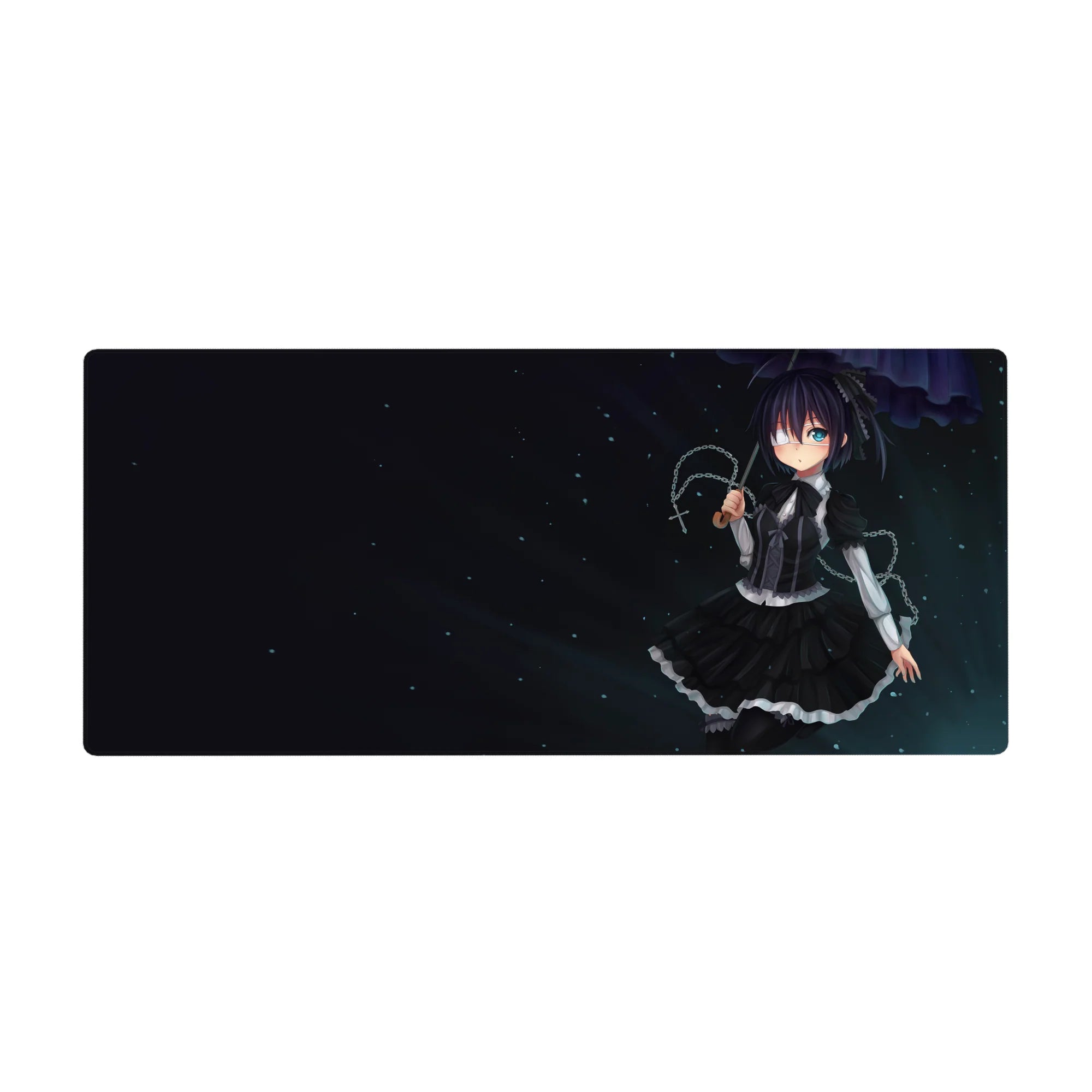 Midnight goth anime girl desk pad 36x16 inches with eyepatch, ruffled maid dress, cross charm.