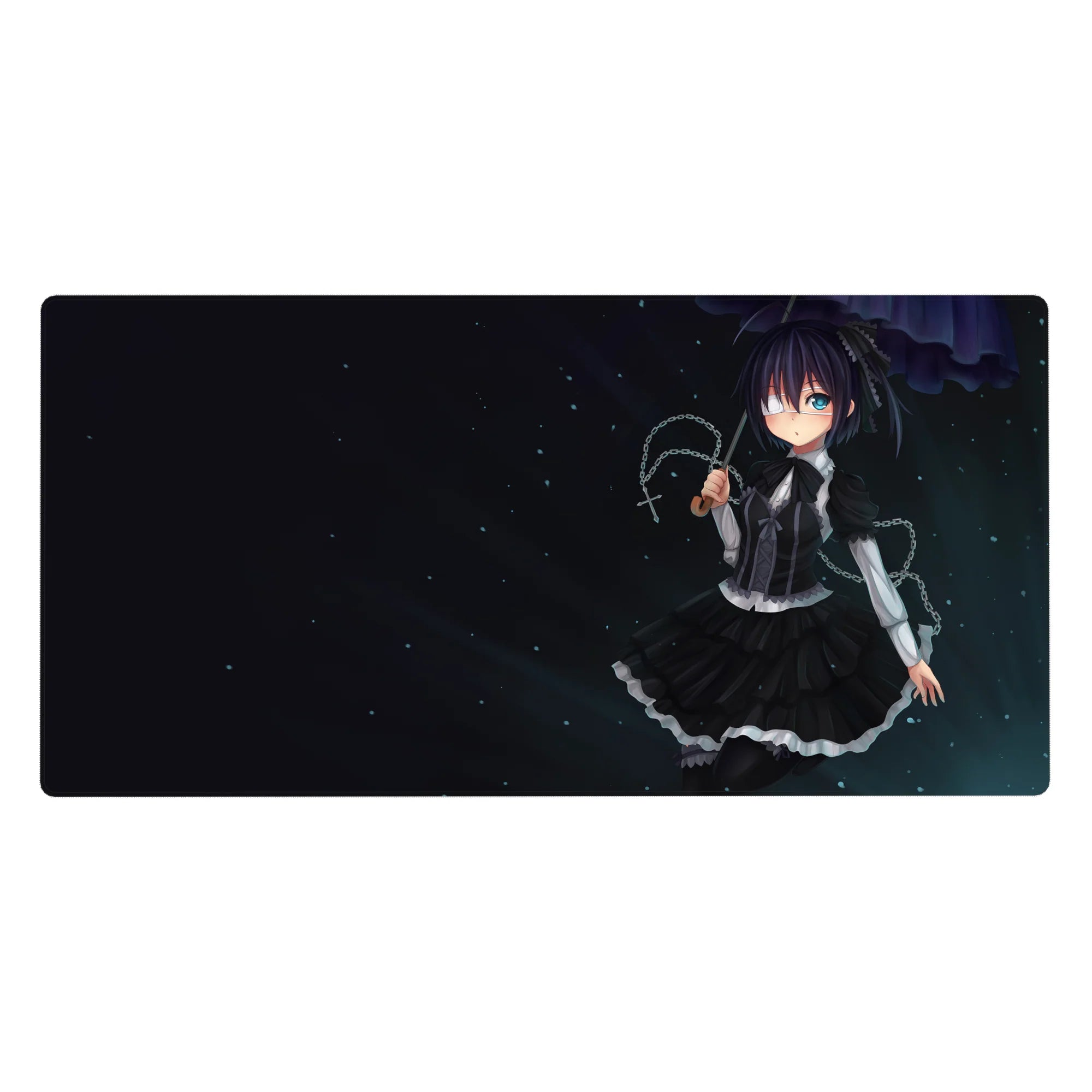 40x20 inches anime girl desk pad with gothic maid in ruffled black dress, eyepatch, and cross charm.