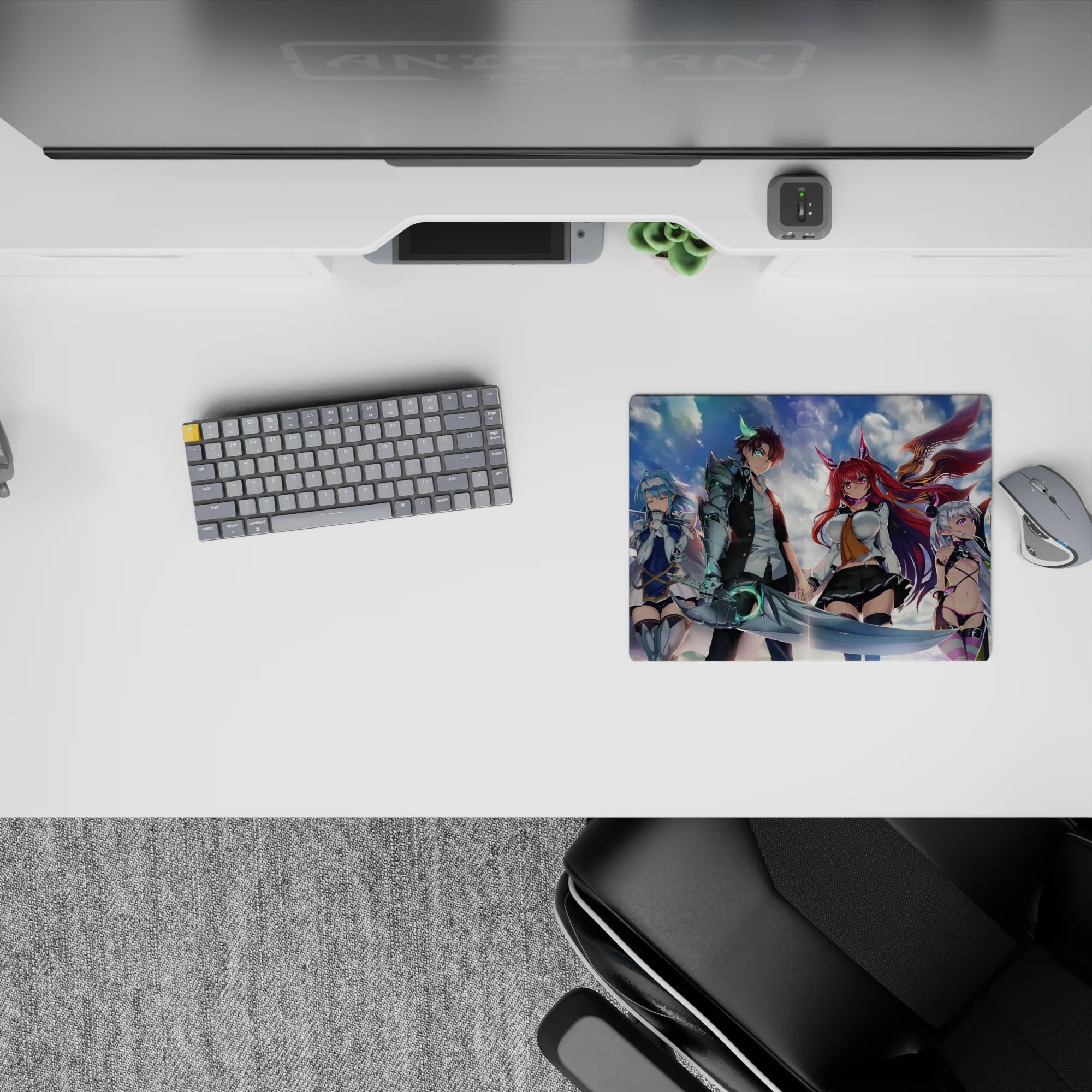 Neon blue, purple, and green stormy anime girl mouse pad 14x10 inches, sleek and high-energy.