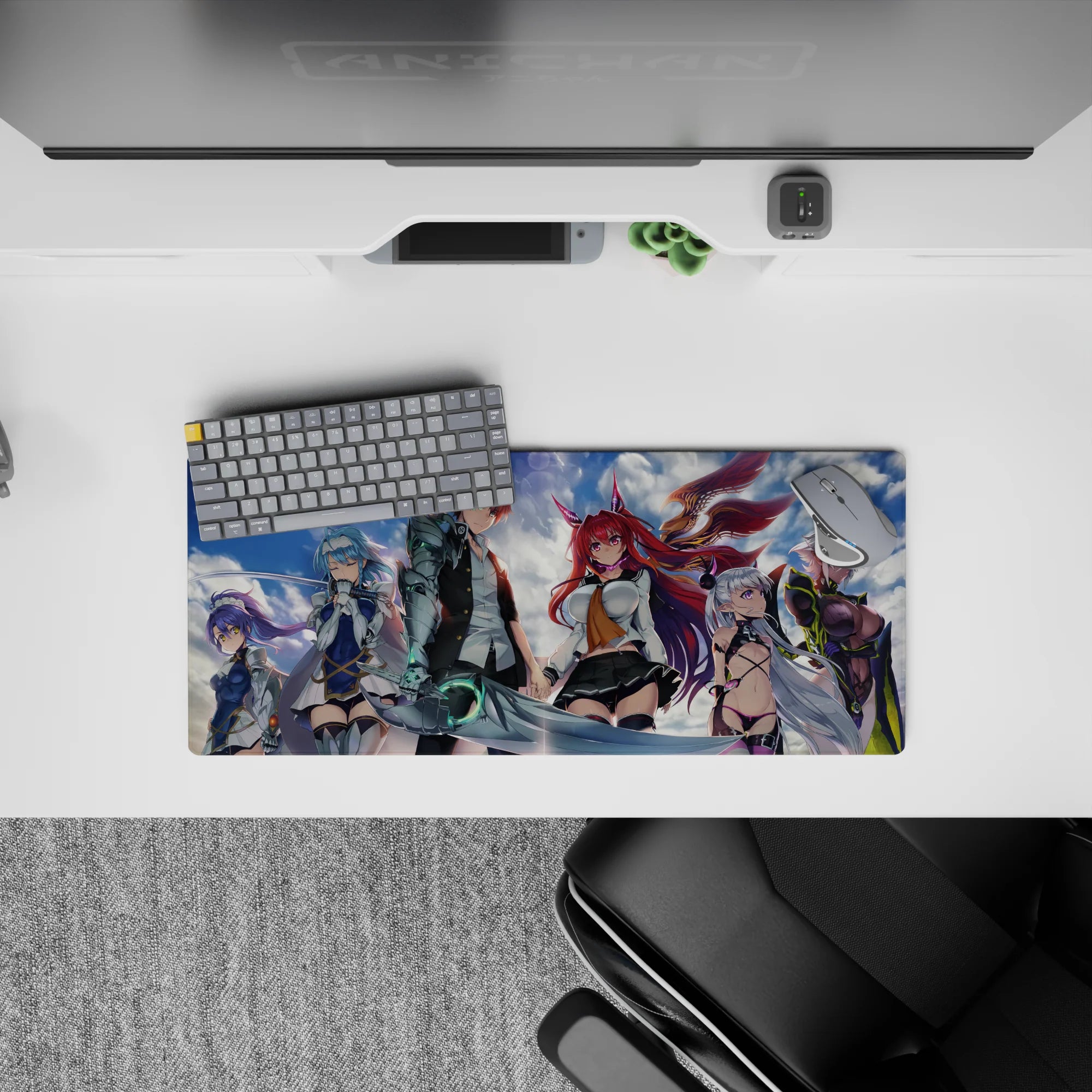 28x12 inches anime girl mouse pad in vivid blues, purples, neon greens with glossy highlights and wild energy.