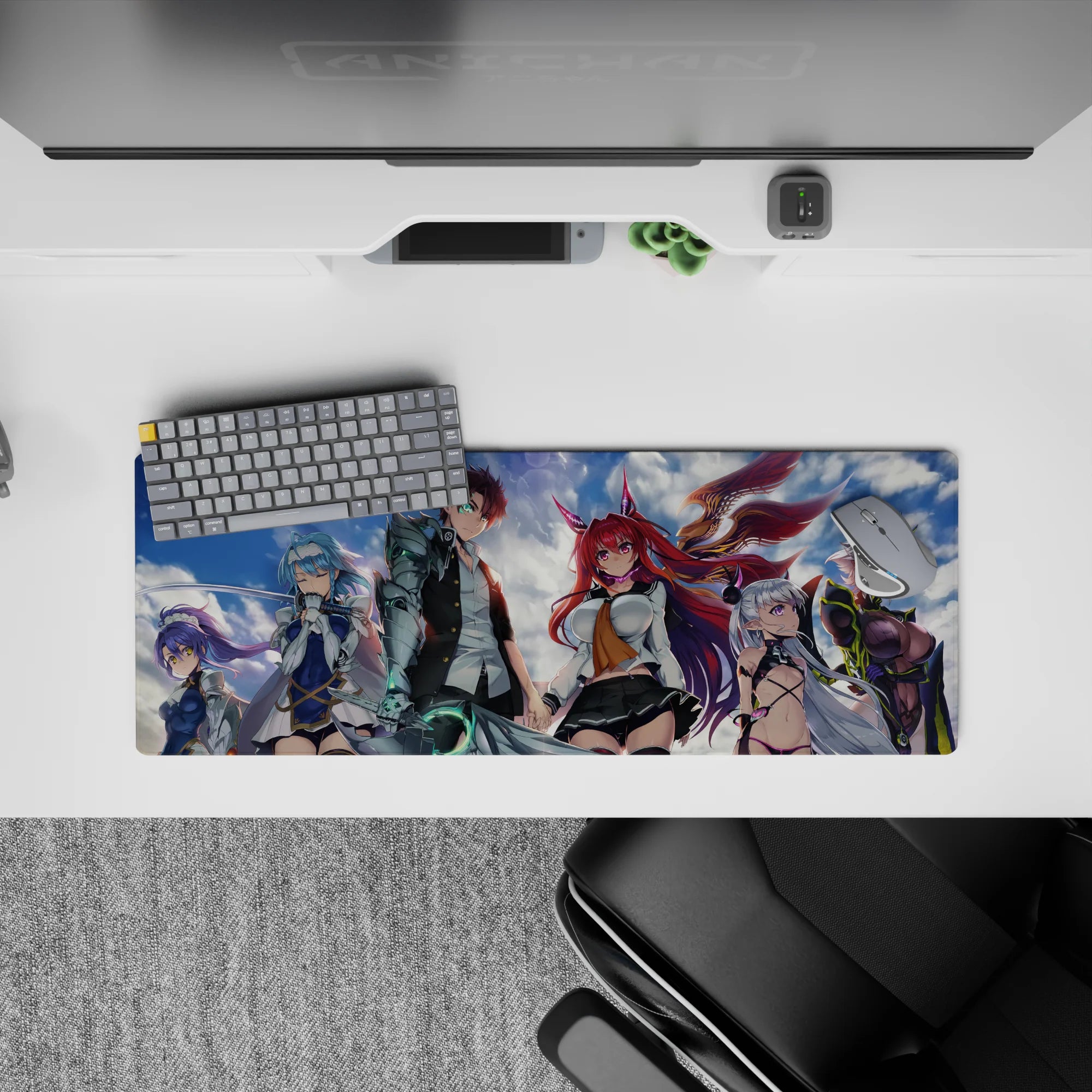 Neon blue-purple-green anime girl mouse pad with glossy highlights, fast sleek vibe, 32x12 inches.