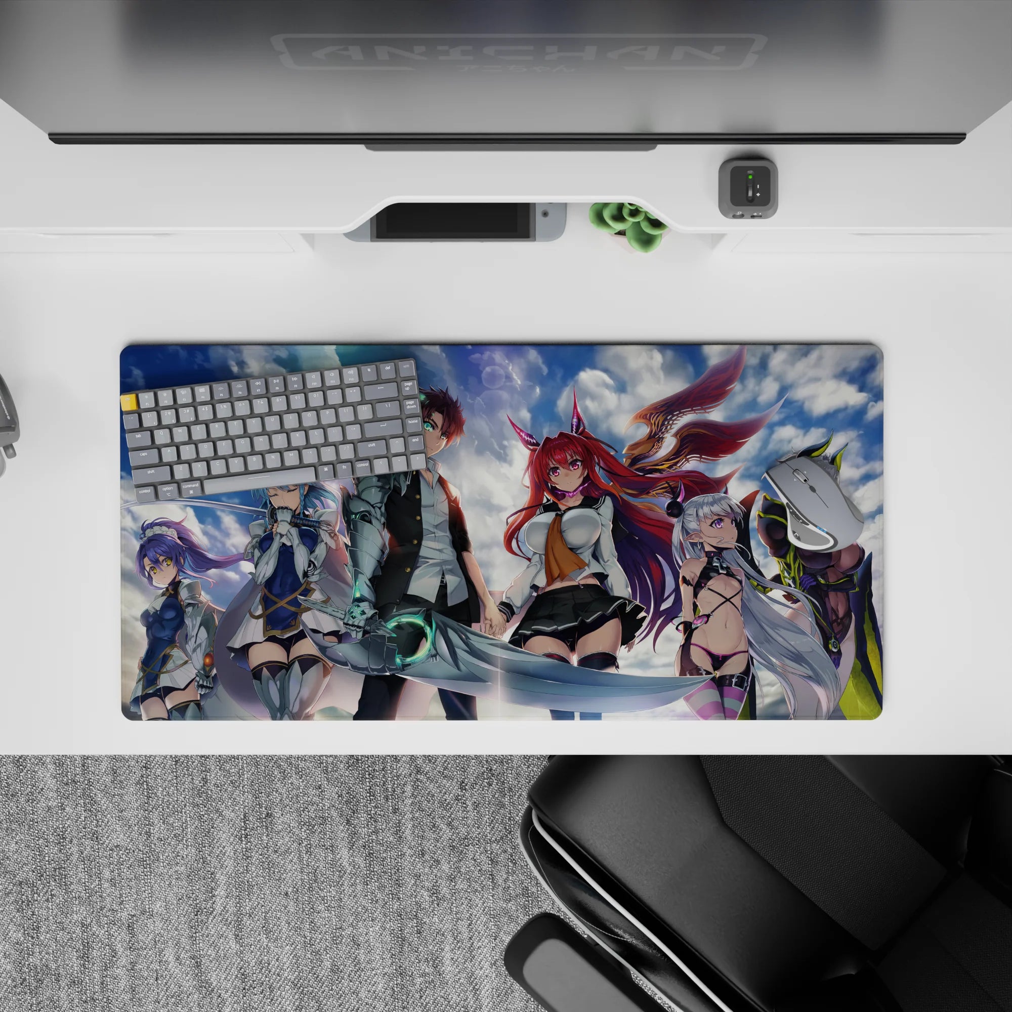 32x16 inches anime girl mouse pad in vivid blues, purples, neon greens; glossy, fast, playful vibe.