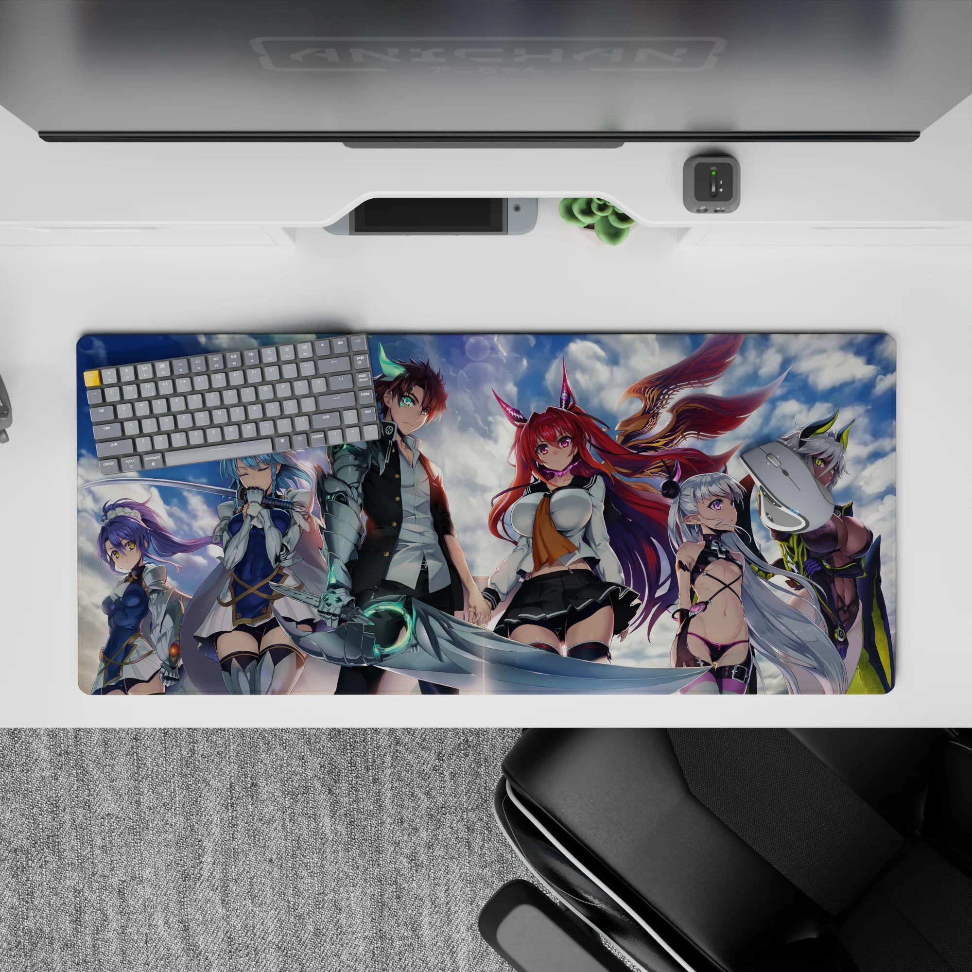 36x16 inches anime girl desk pad in vivid blues, purples, neon greens, with glossy highlights and wild energy.