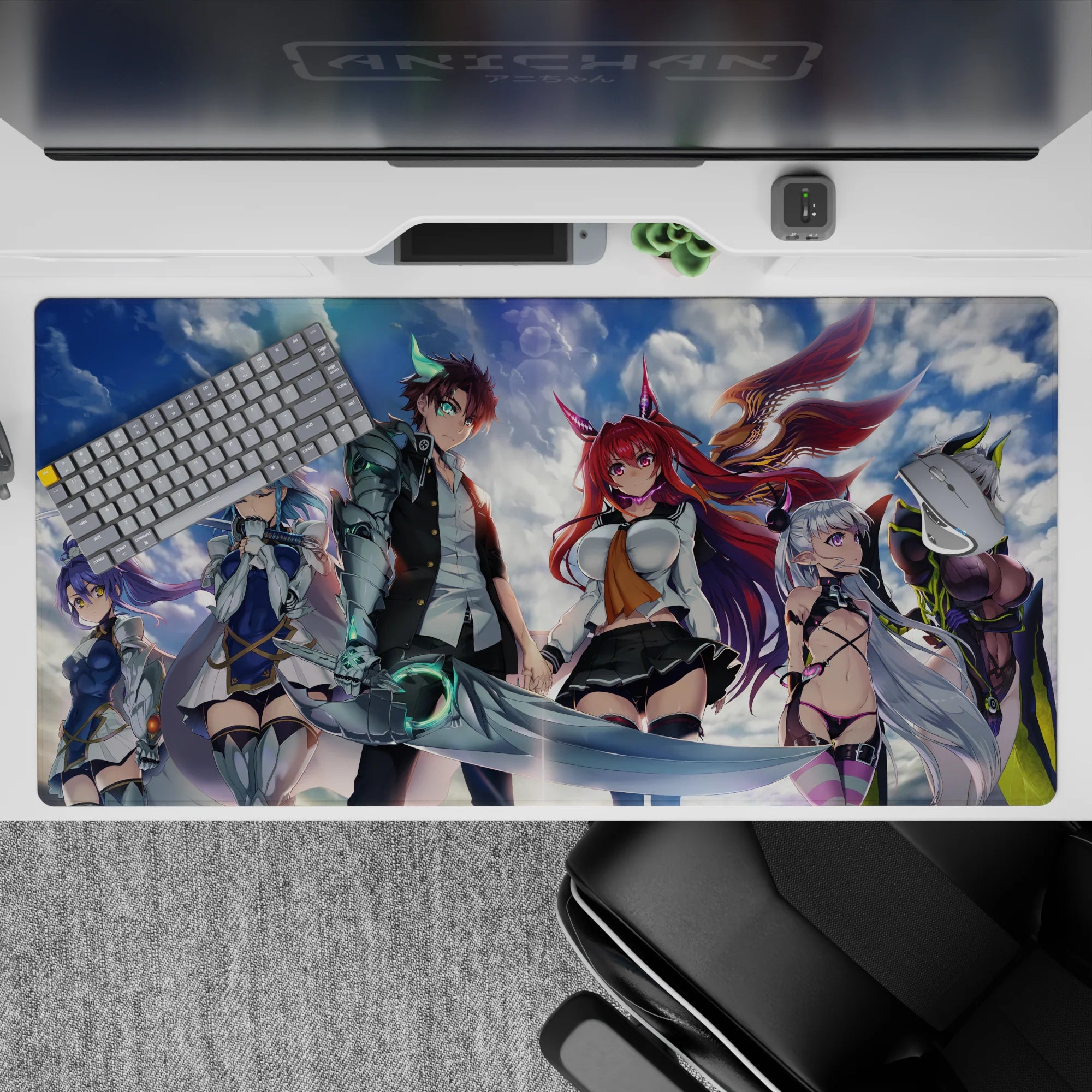 Vibrant anime girl desk pad 40x20 inches in blues, purples, and neon greens with a fast, wild vibe.