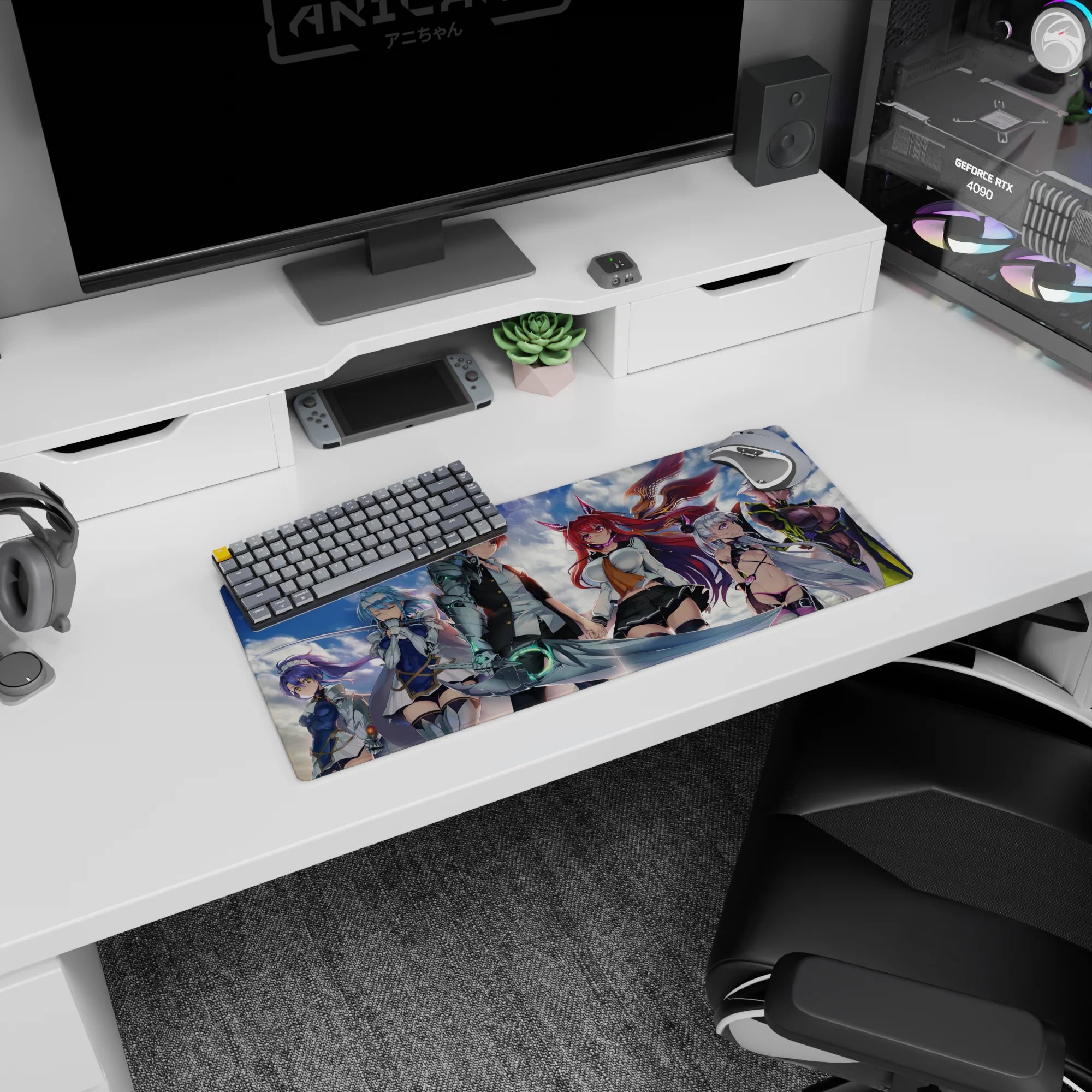 28x12 inches anime girl mouse pad featuring a glowing-arm swordsman and crimson fox-eared girl under storm clouds.