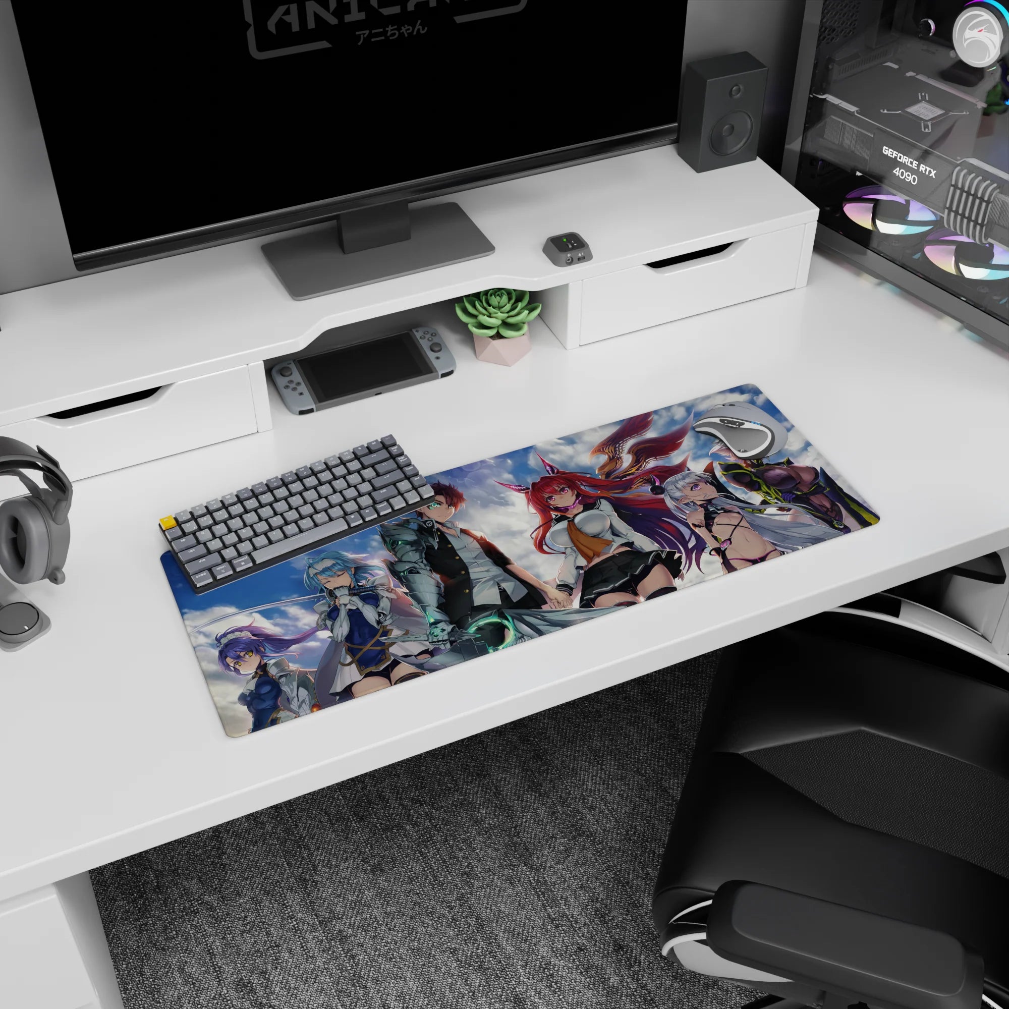 Fox-eared crimson-haired anime girl grinning beside blade-wielding hero on mouse pad, 32x12 inches.
