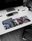 Fox-eared crimson-haired anime girl grinning beside blade-wielding hero on mouse pad, 32x12 inches.