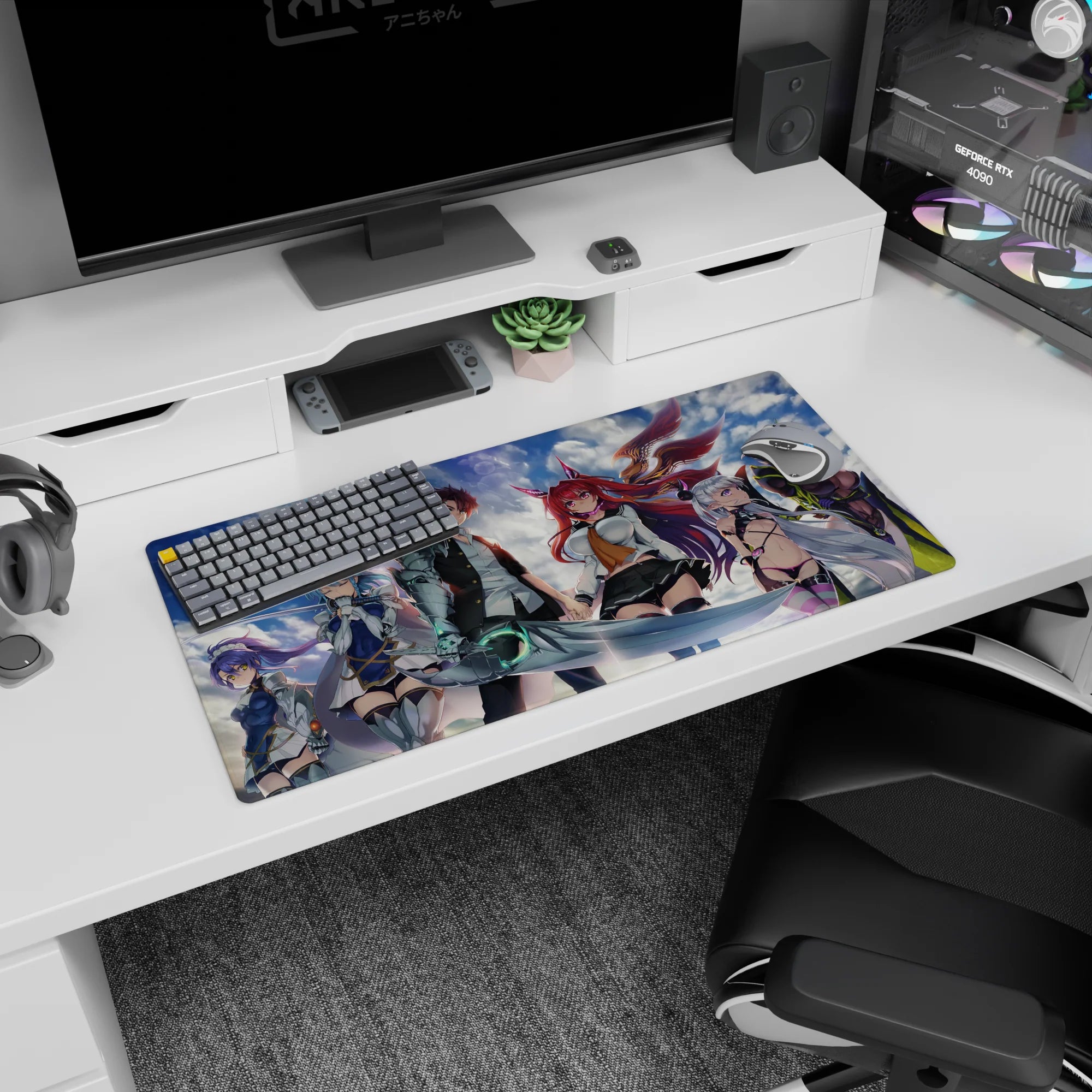 32x16 inches anime girl mouse pad featuring fox-eared redhead and a sharp-eyed swordsman with glowing arm.