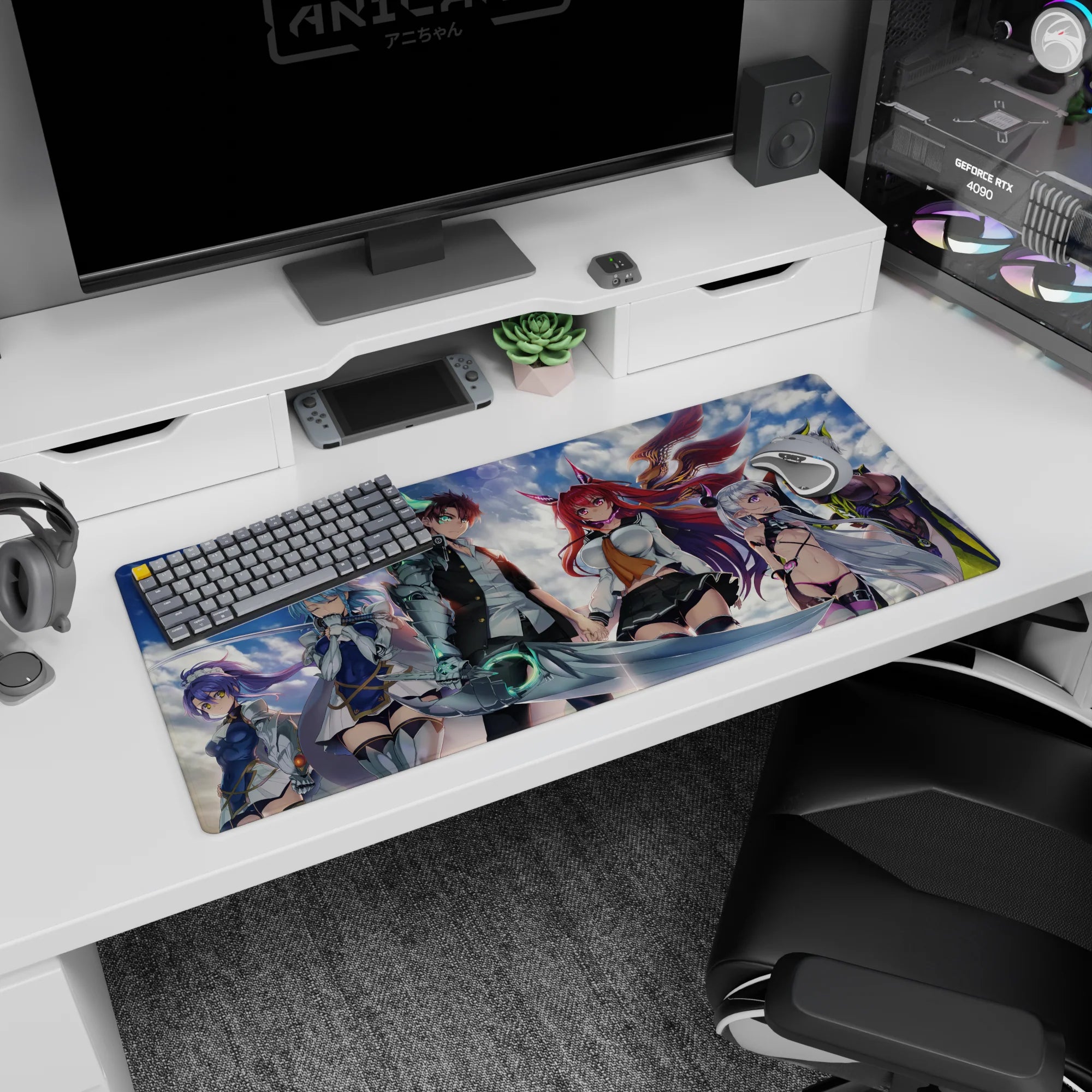 36x16 inches anime girl desk pad featuring fox-eared redhead grinning beside a steel-arm blade hero.